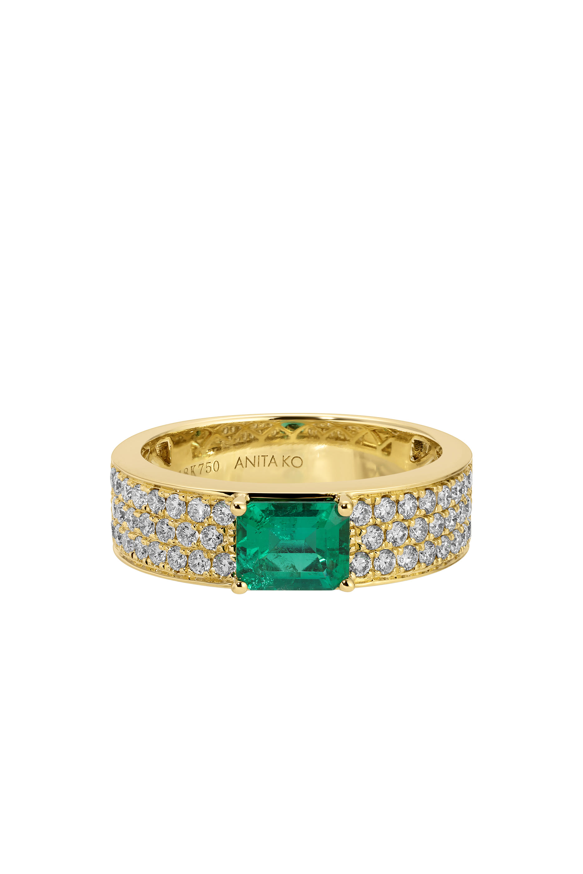 Wide Band Ring, 18k Yellow Gold, Emerald & Diamonds