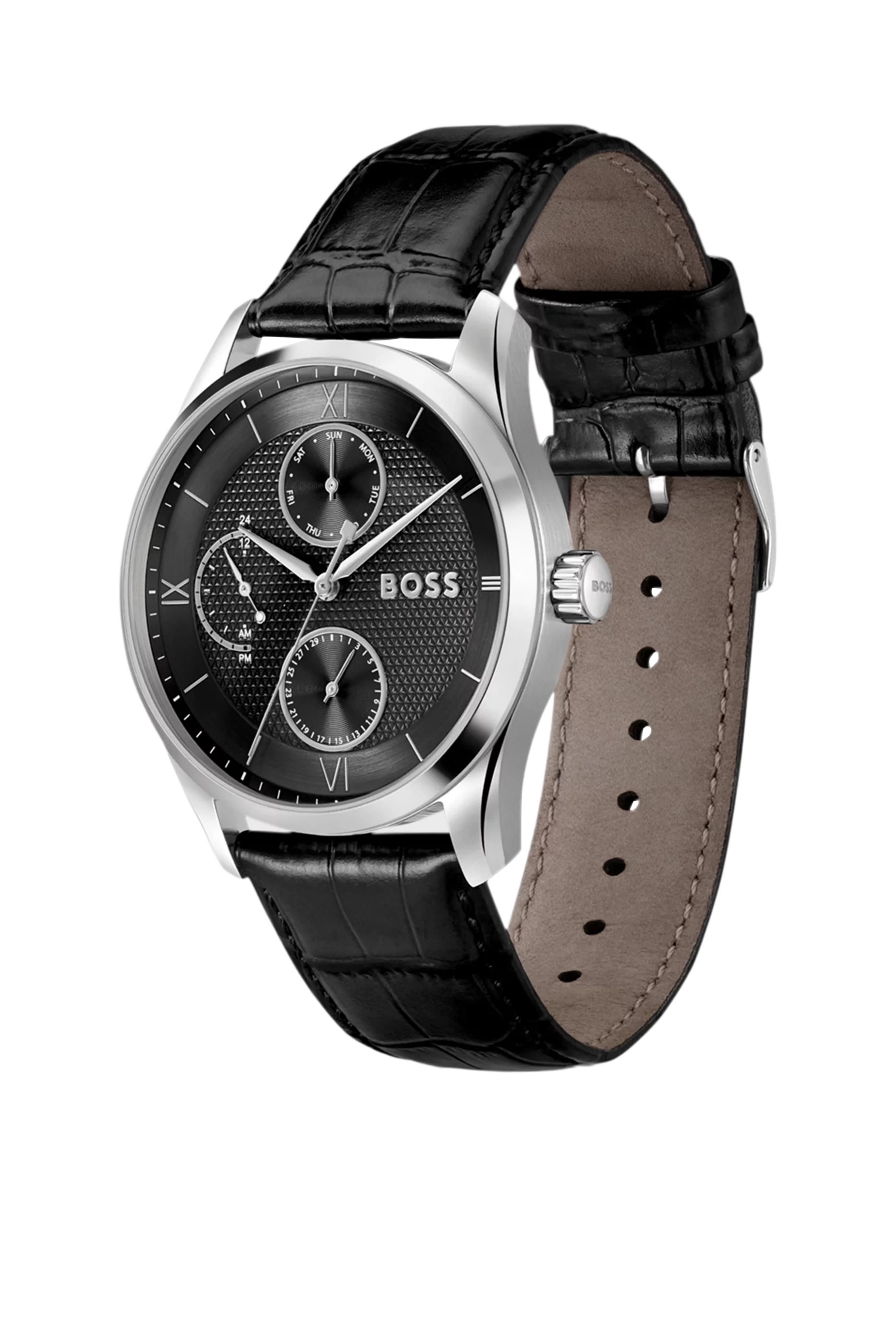 Black-Textured-Dial Watch with Leather Strap