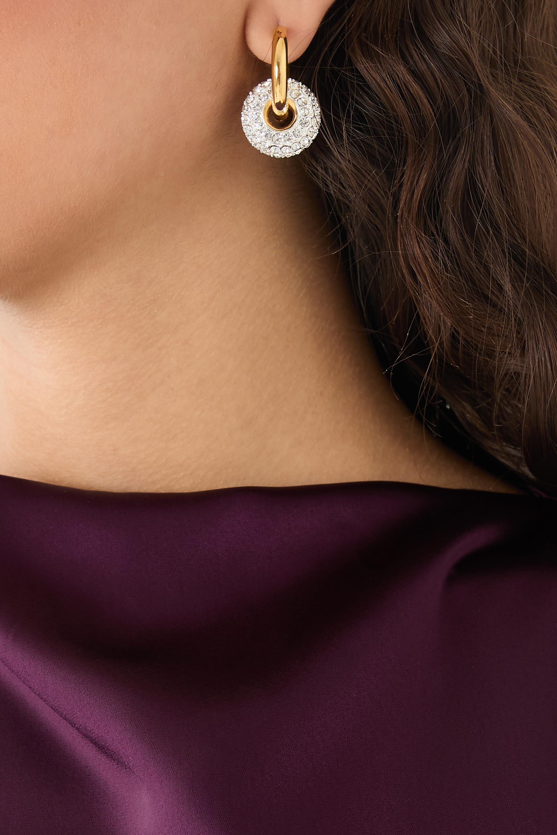 Hoop with Strass Ball and Hoop with Strass Line, 24K Yellow Gold & Crystals