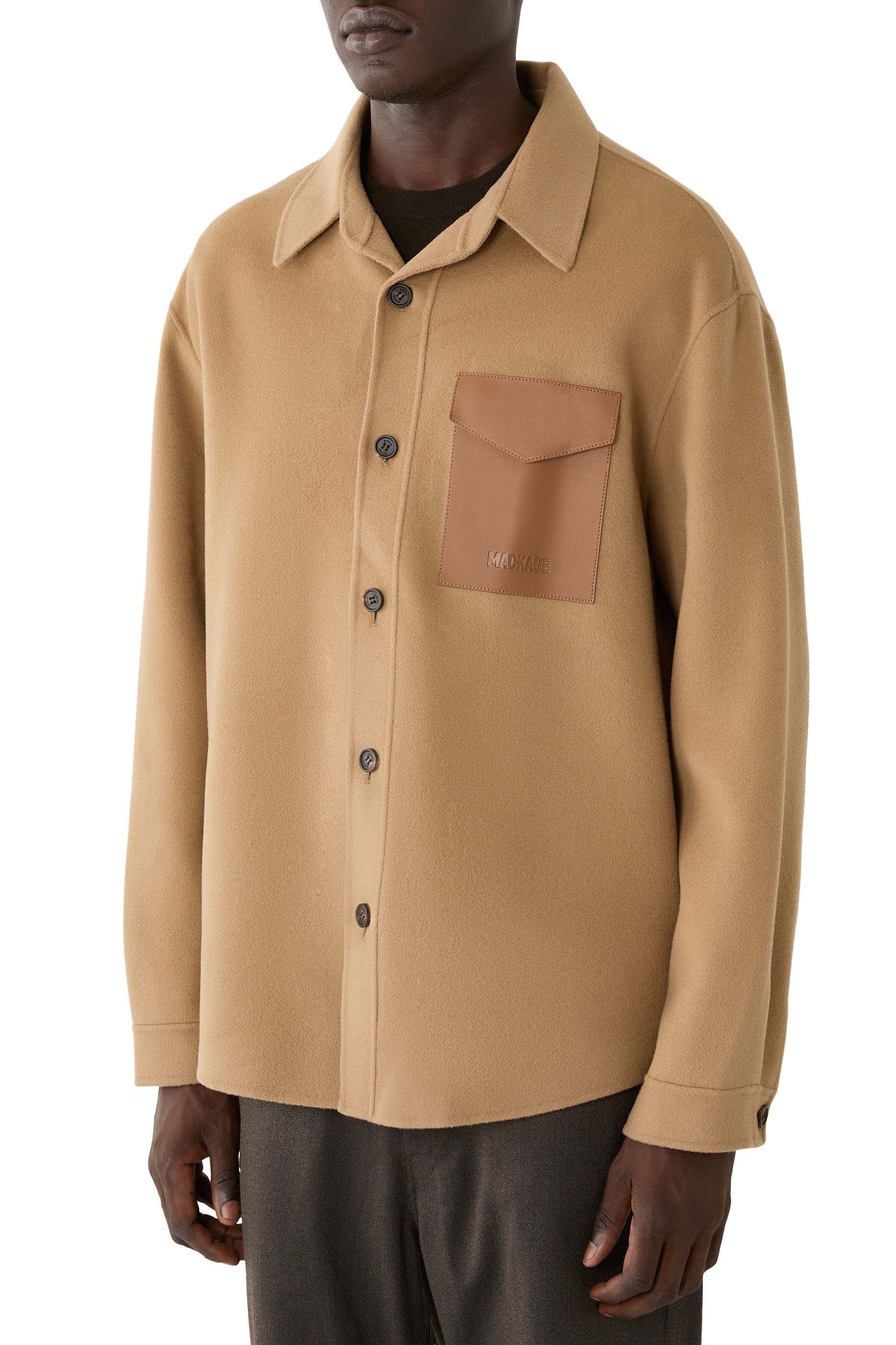  Emmanuel Double-Face Wool Overshirt with Leather Patch Pocket