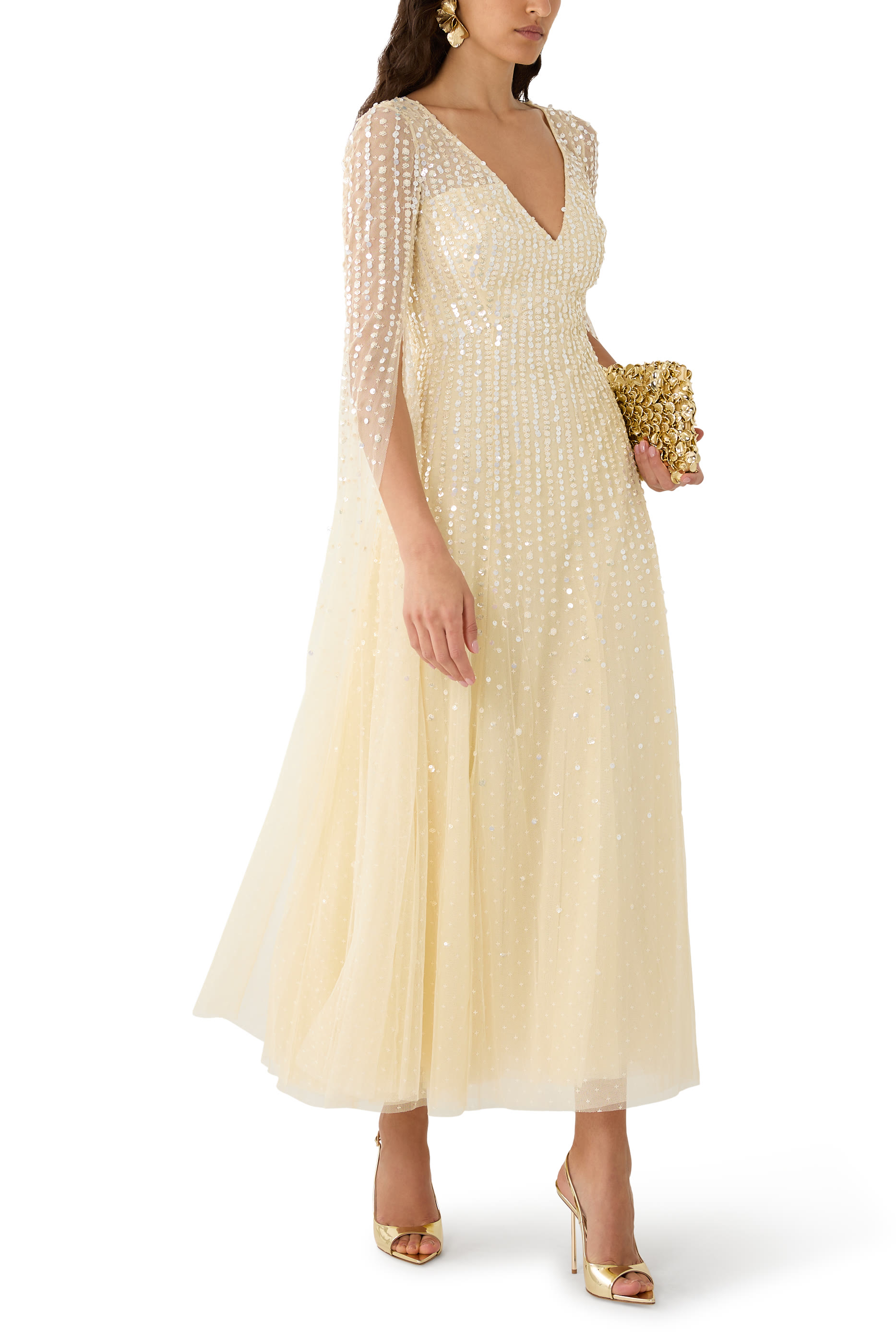 Moonlight Sequin V-Neck Cape Sleeve Gown