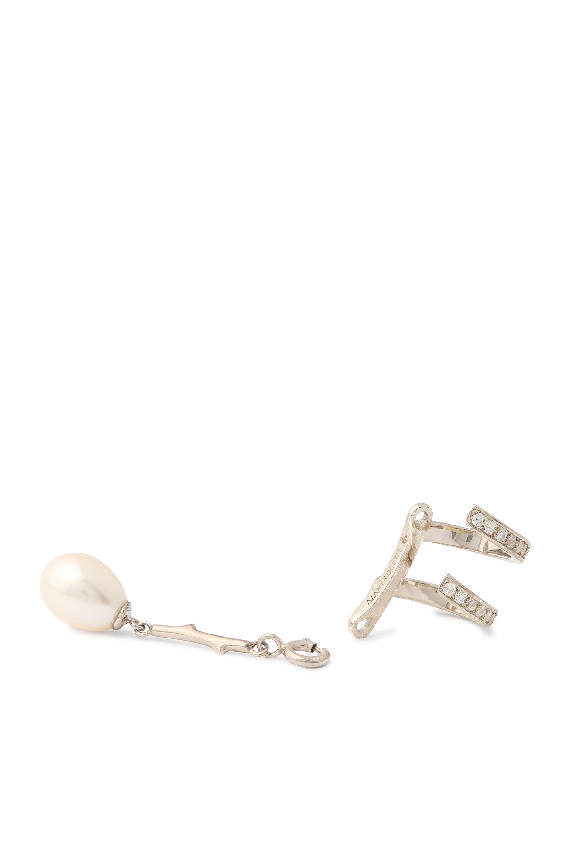 Encrusted Spiral Pear Drop Single Earcuff, 925 Sterling Silver & Pearl