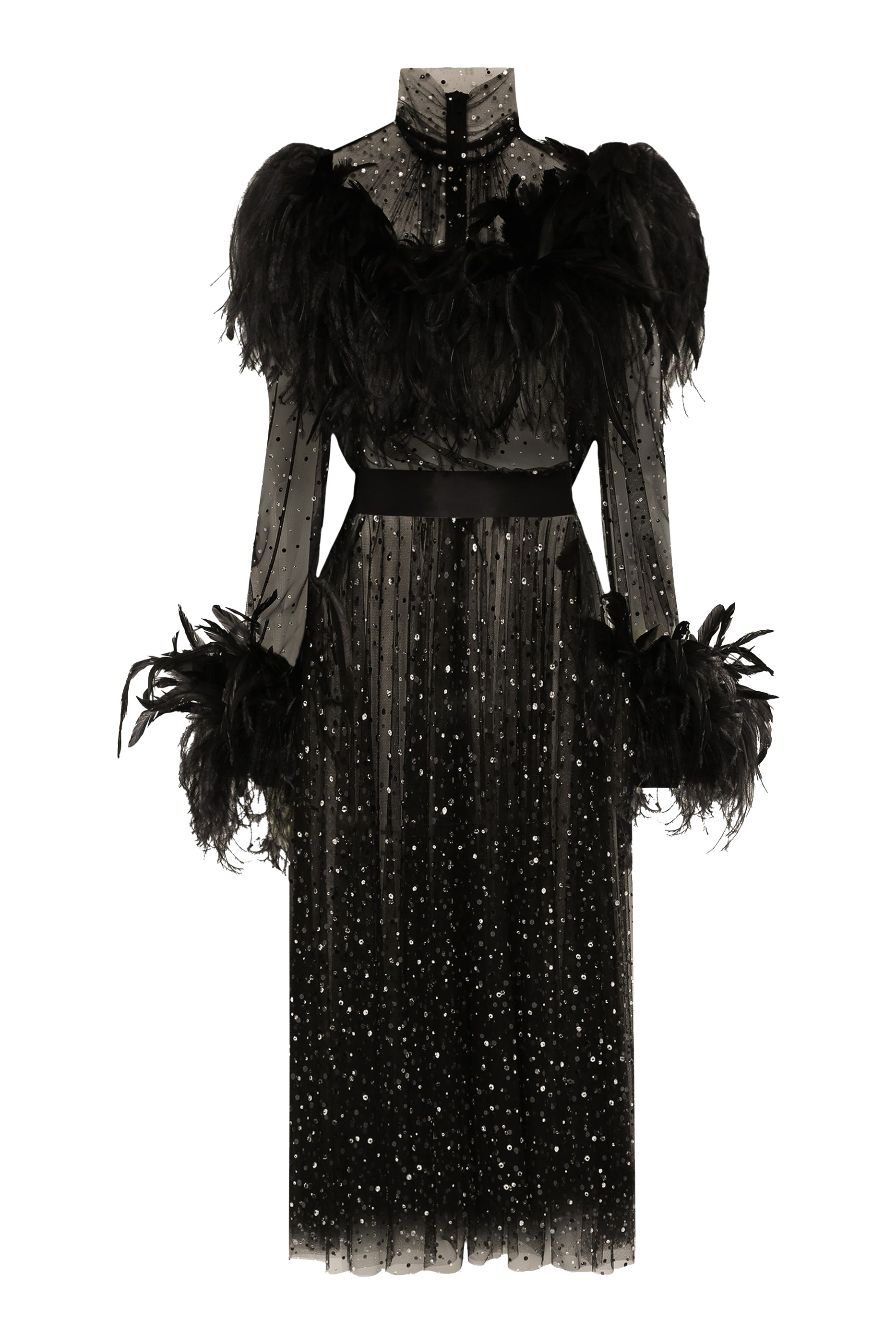 Calf-Length Stretch Tulle Dress with Fusible Rhinestones and Rooster and Ostrich Feather Embellishment