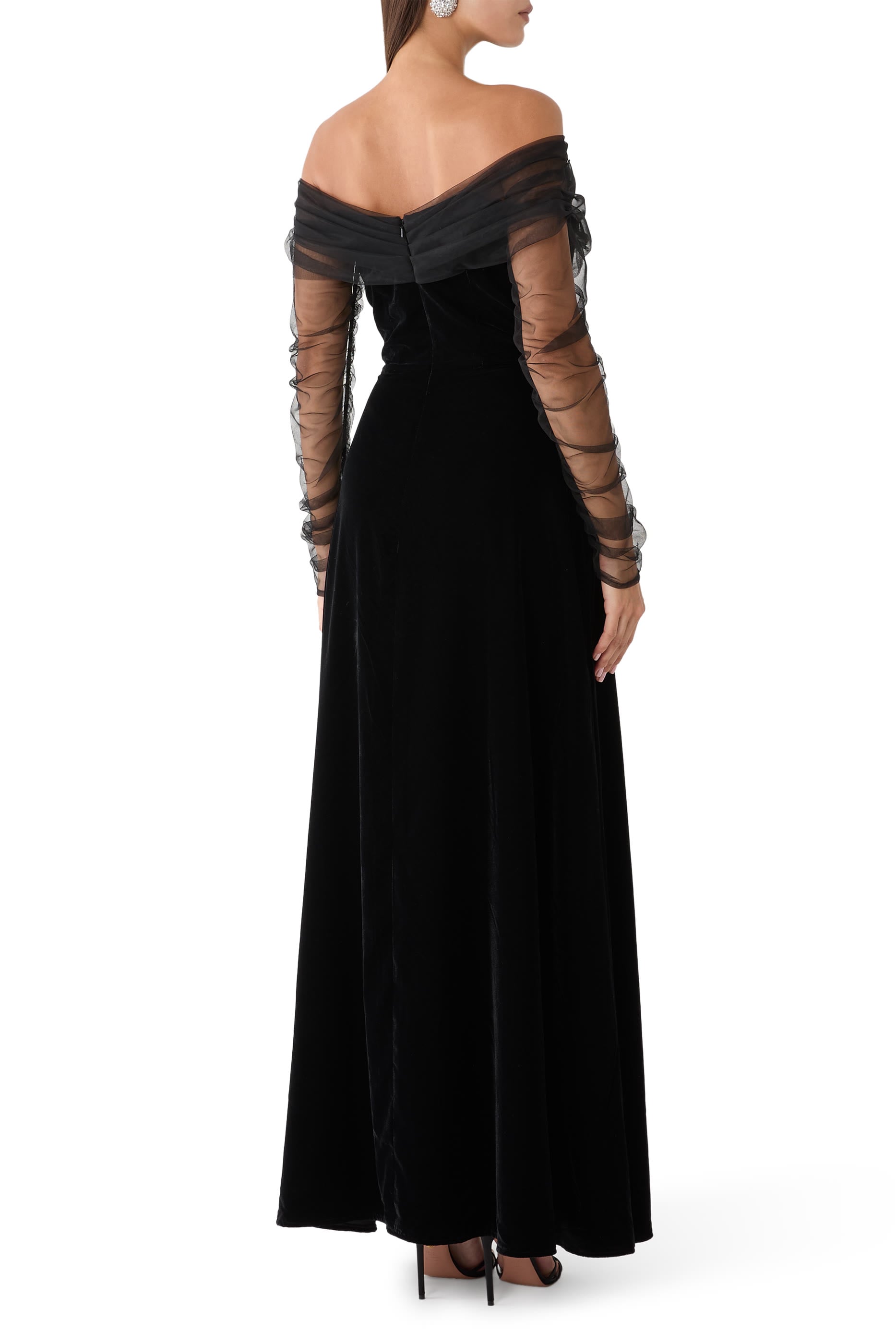 Off-Shoulder A-line Velvet Gown with Tulle Draped Bodice & Sleeves