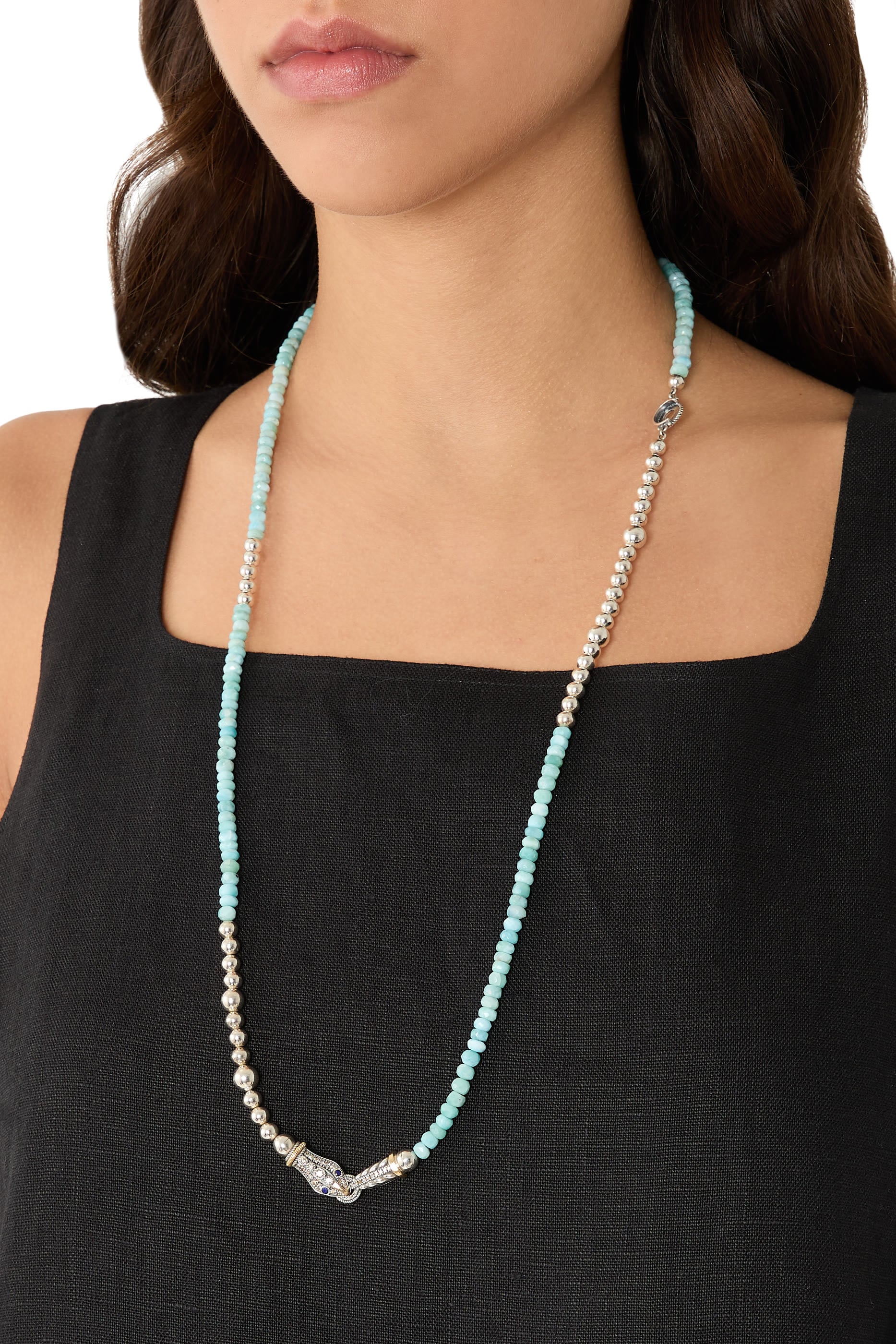 Beaded Snake Necklace, 18K Yellow Gold with Sterling Silver, Diamonds & Lapis-Larimar Beads