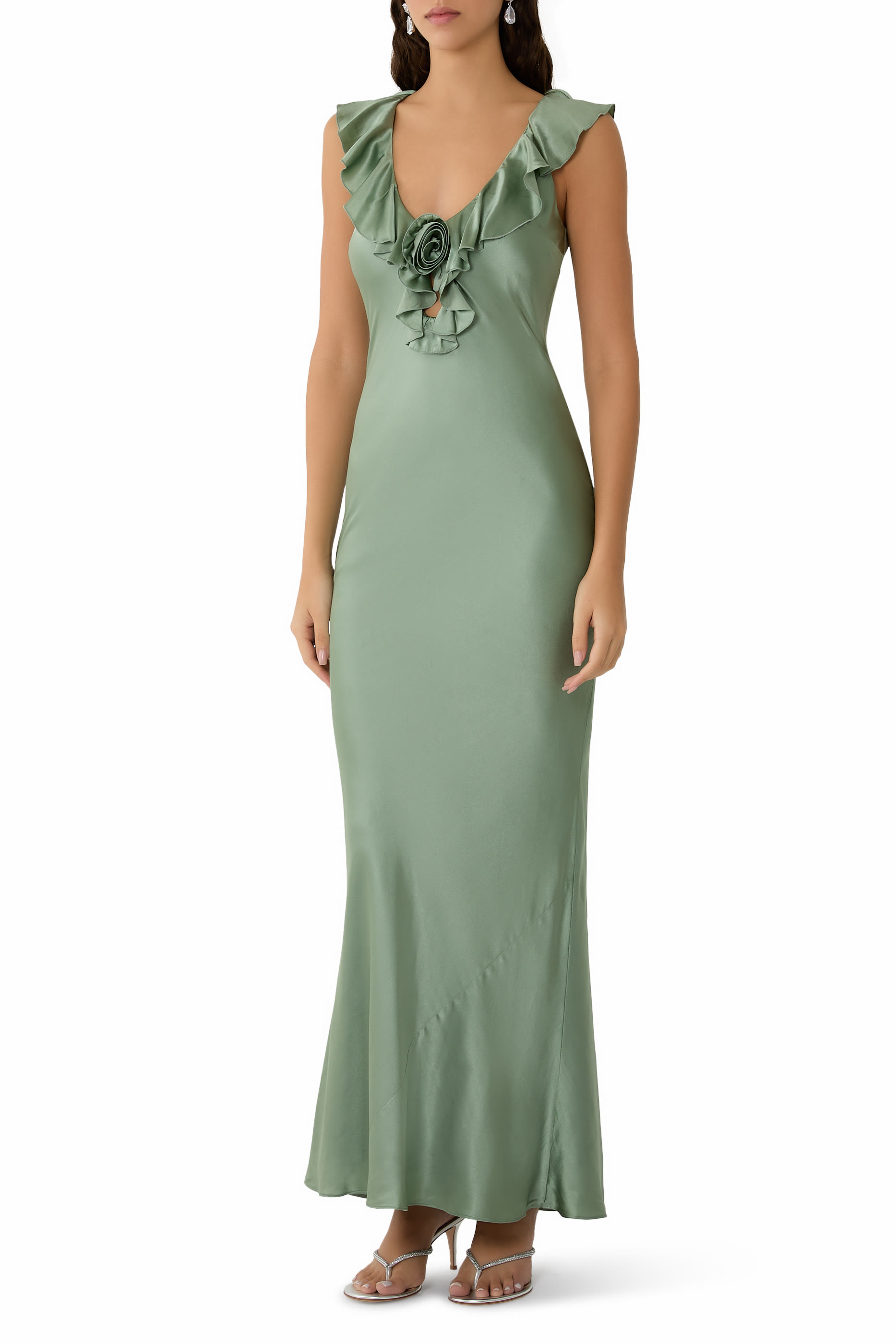 Neck Ruffles and Rose Applique Maxi Dress