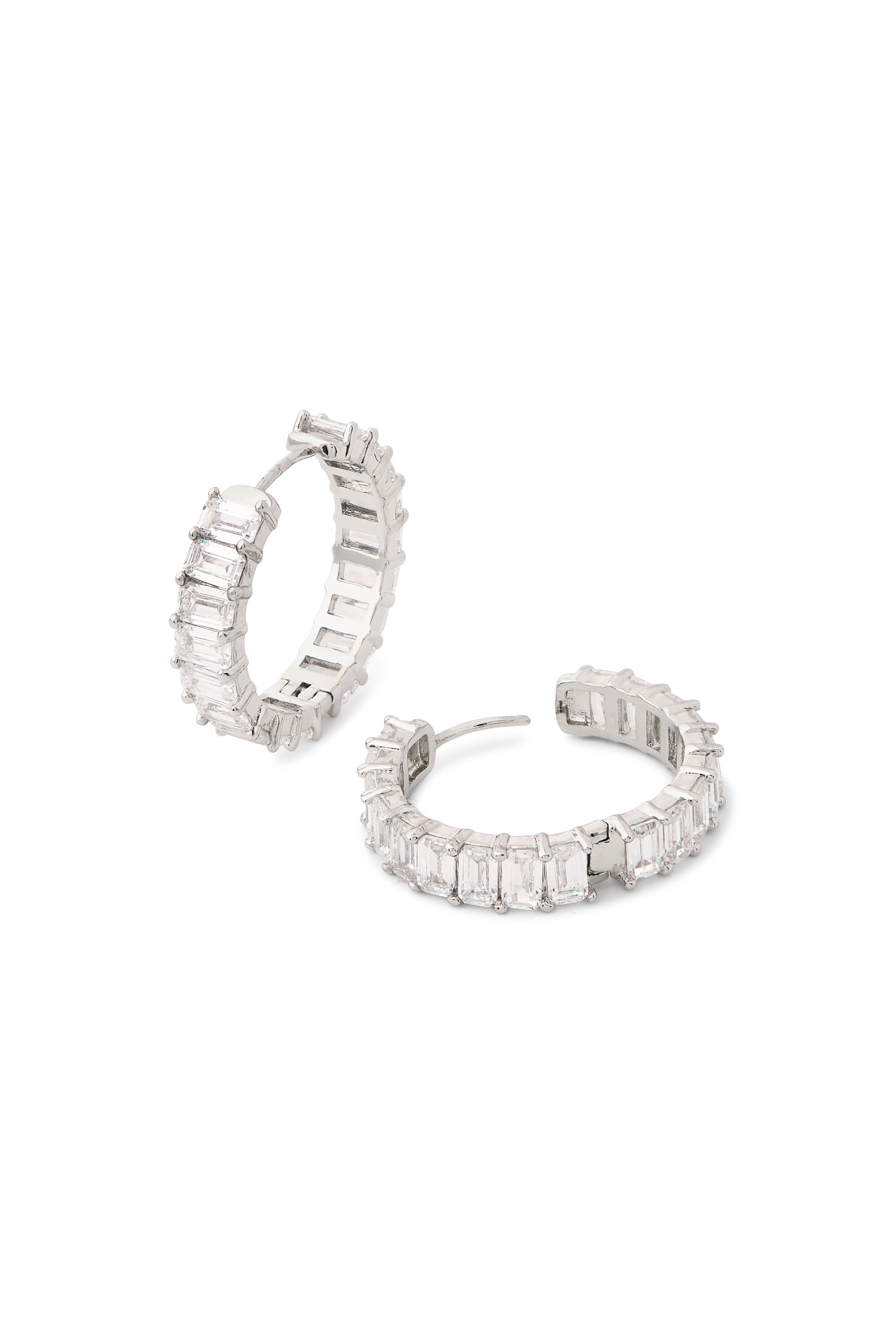 Eternity Hoop Earrings, Rhodium-Plated Brass & Emerald Cubic Zirconia
