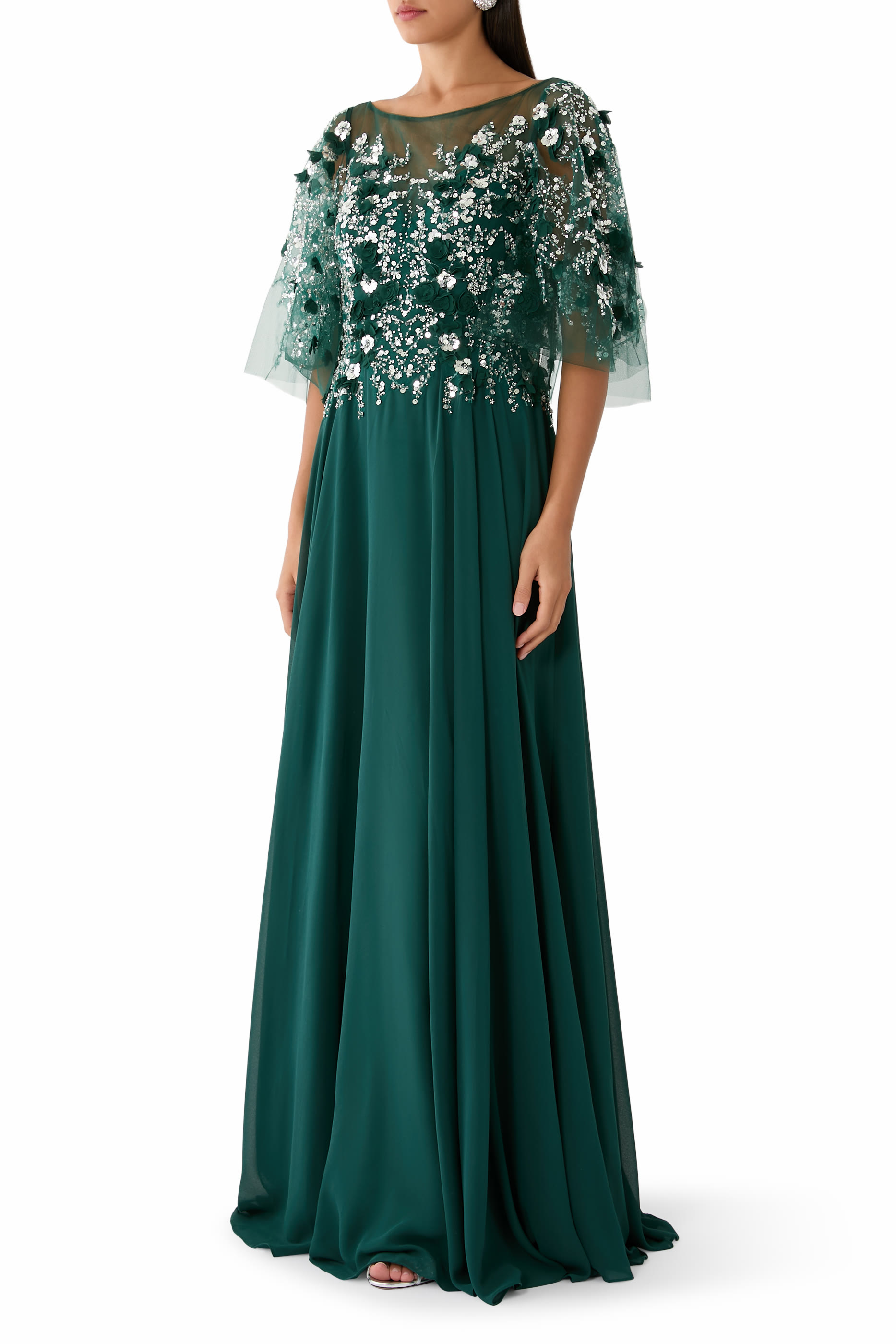 Sequin Embellished Cape Gown