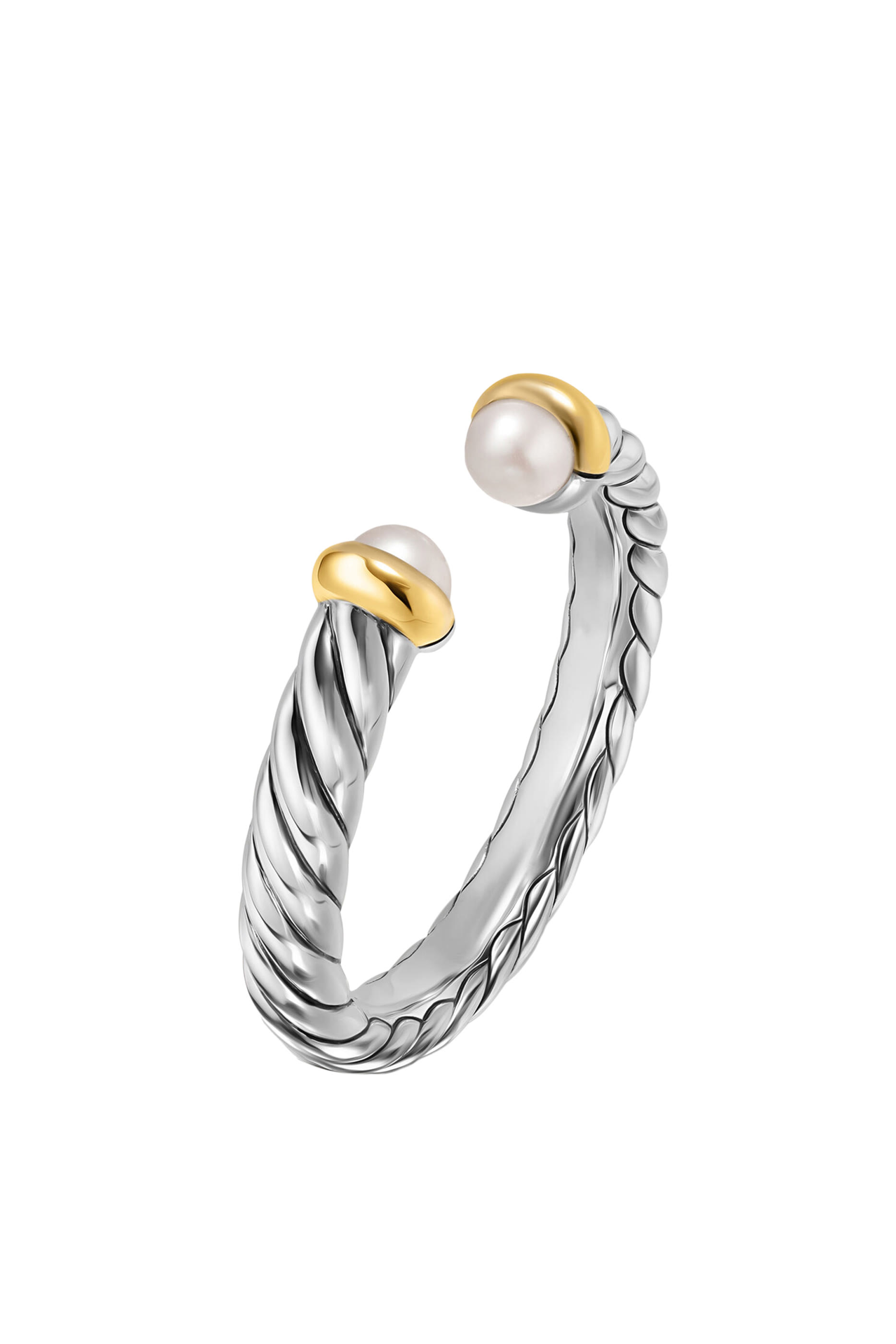 Petite Cable Open Ring, Sterling Silver with 14K Yellow Gold & Pearls