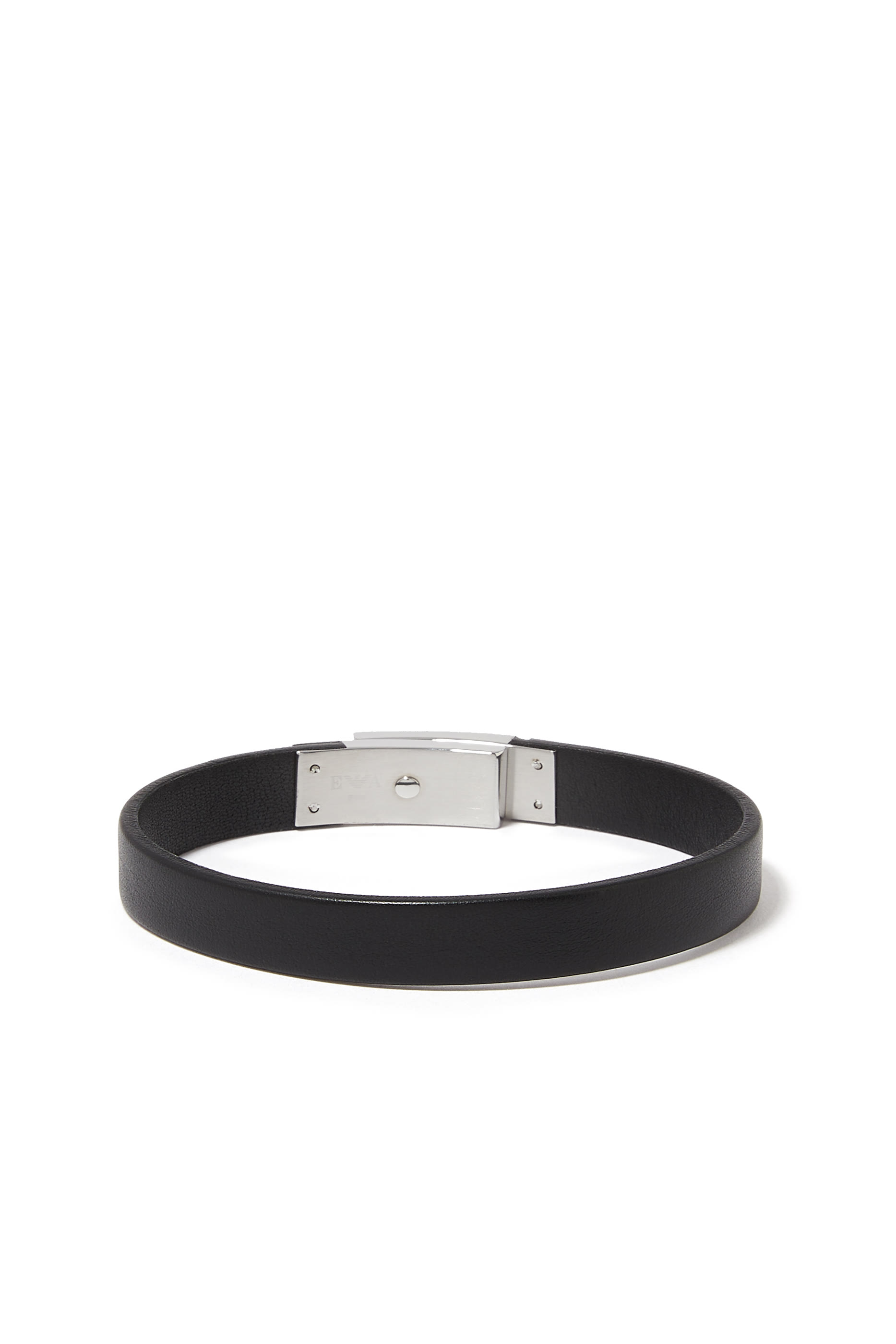 Stainless Steel and Black Leather Strap Bracelet