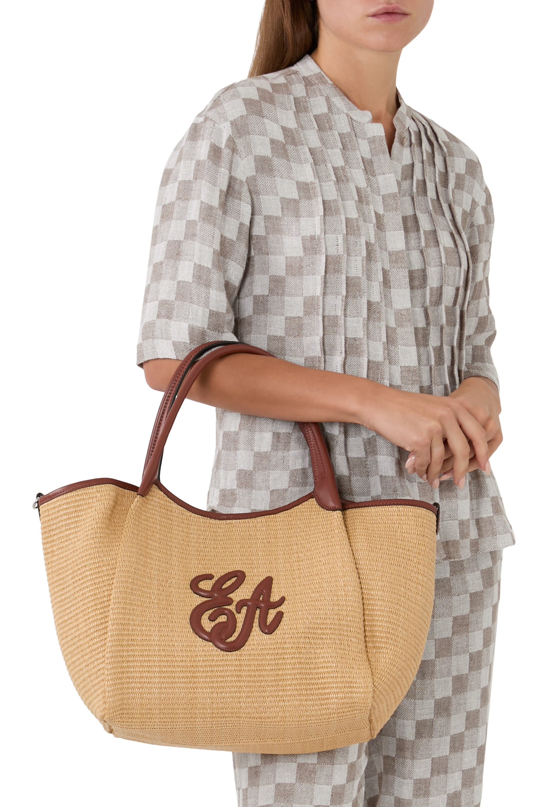 EA Logo Woven Straw Medium Shopper Bag