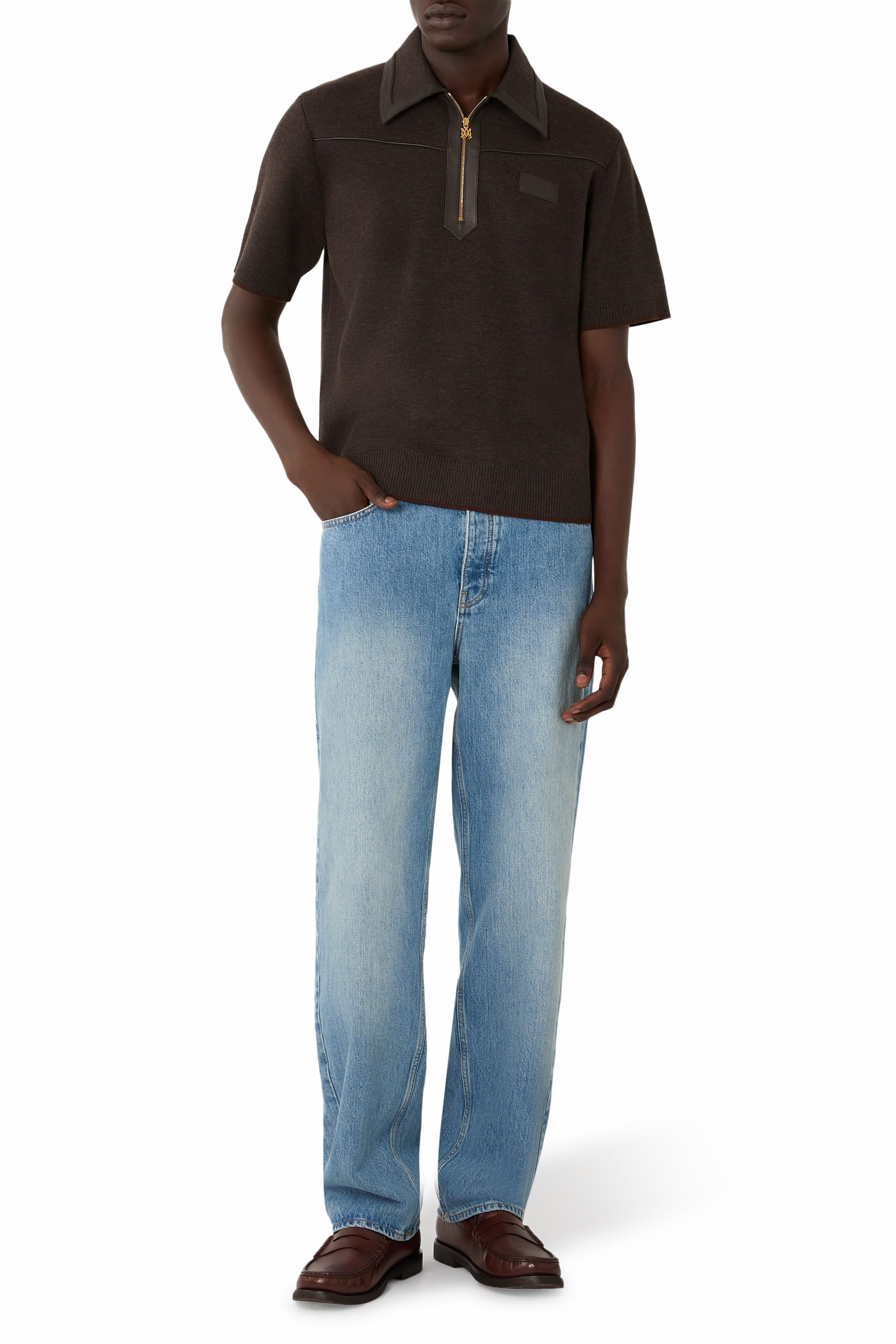 Leather Trim Knit Zipped Polo