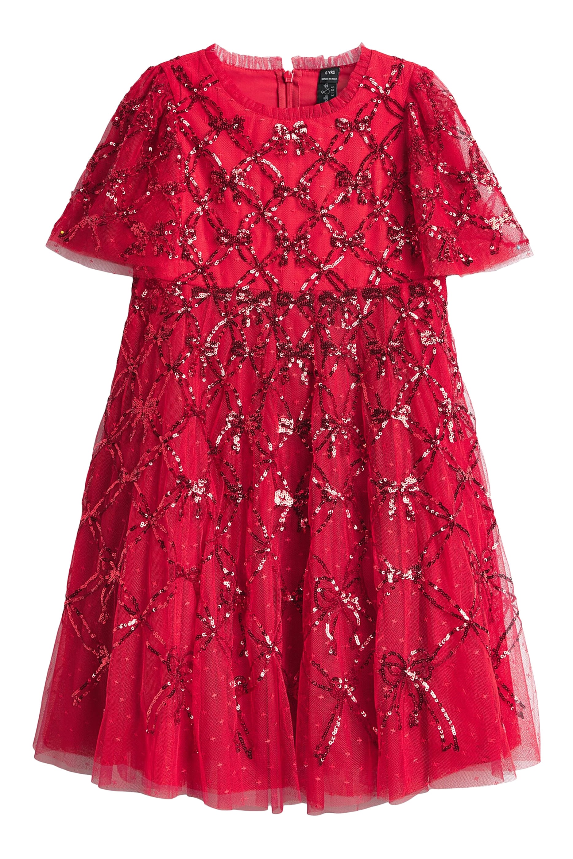 Kids Bow Lattice Short Sleeves Dress