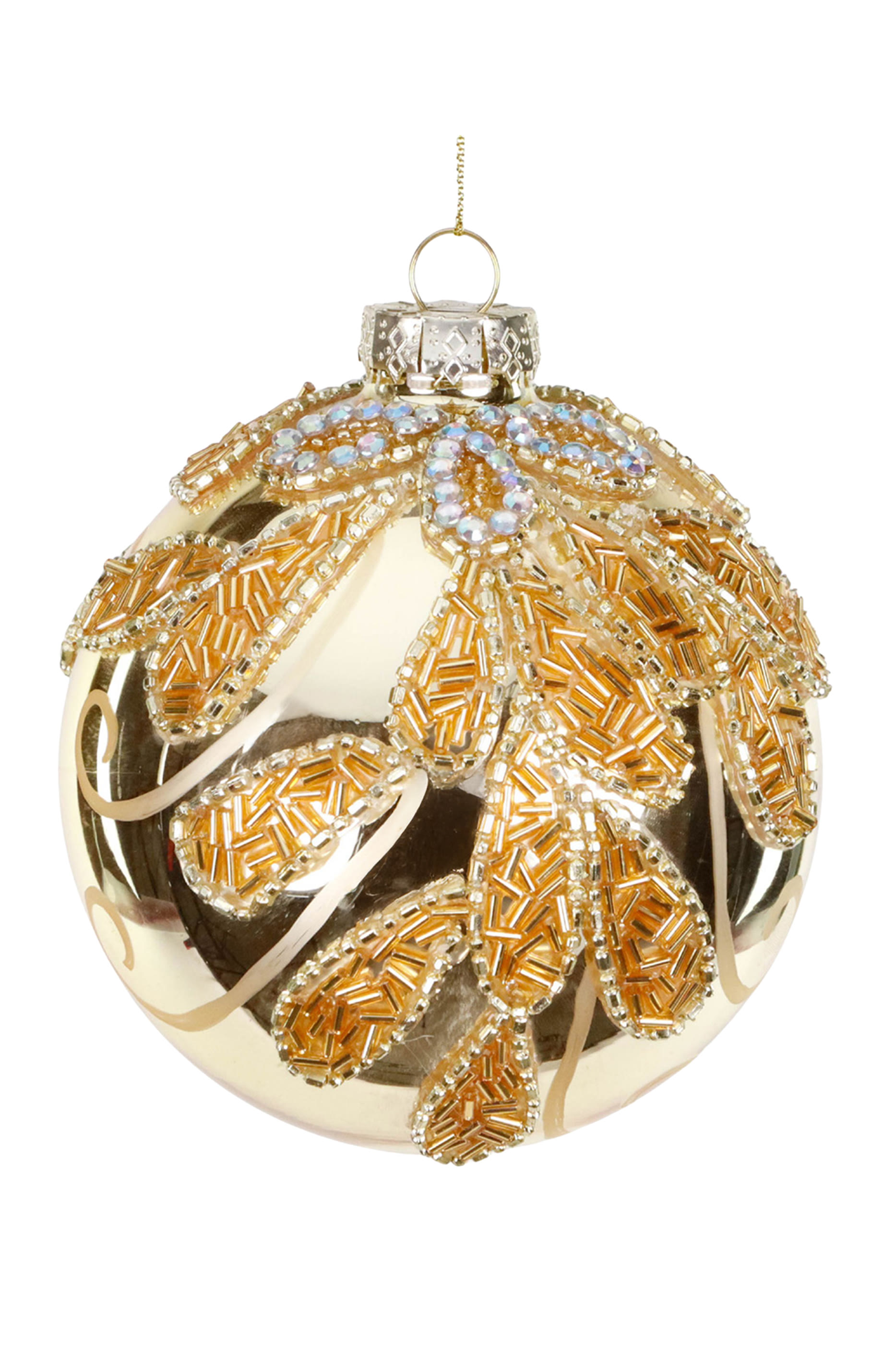 Glass Jewel Beaded Leaf Top Ball Ornament
