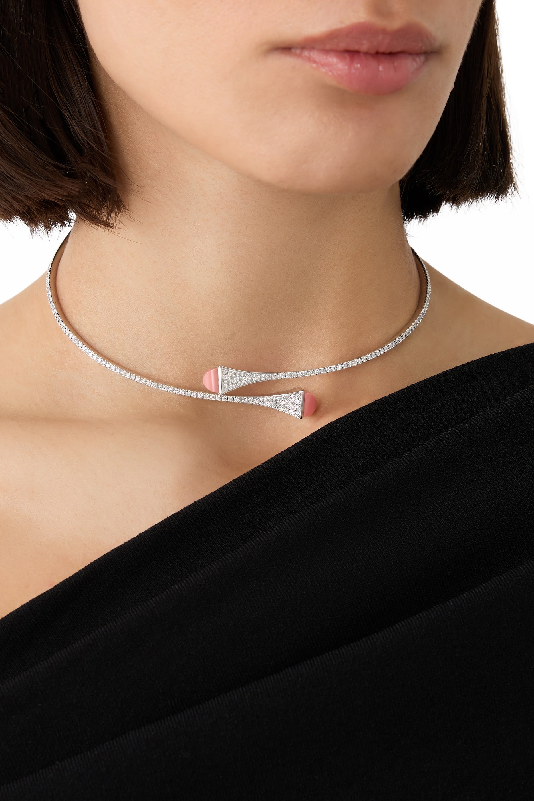  Cleo Slip-On Necklace, 18k White Gold with Diamonds & Pink Coral