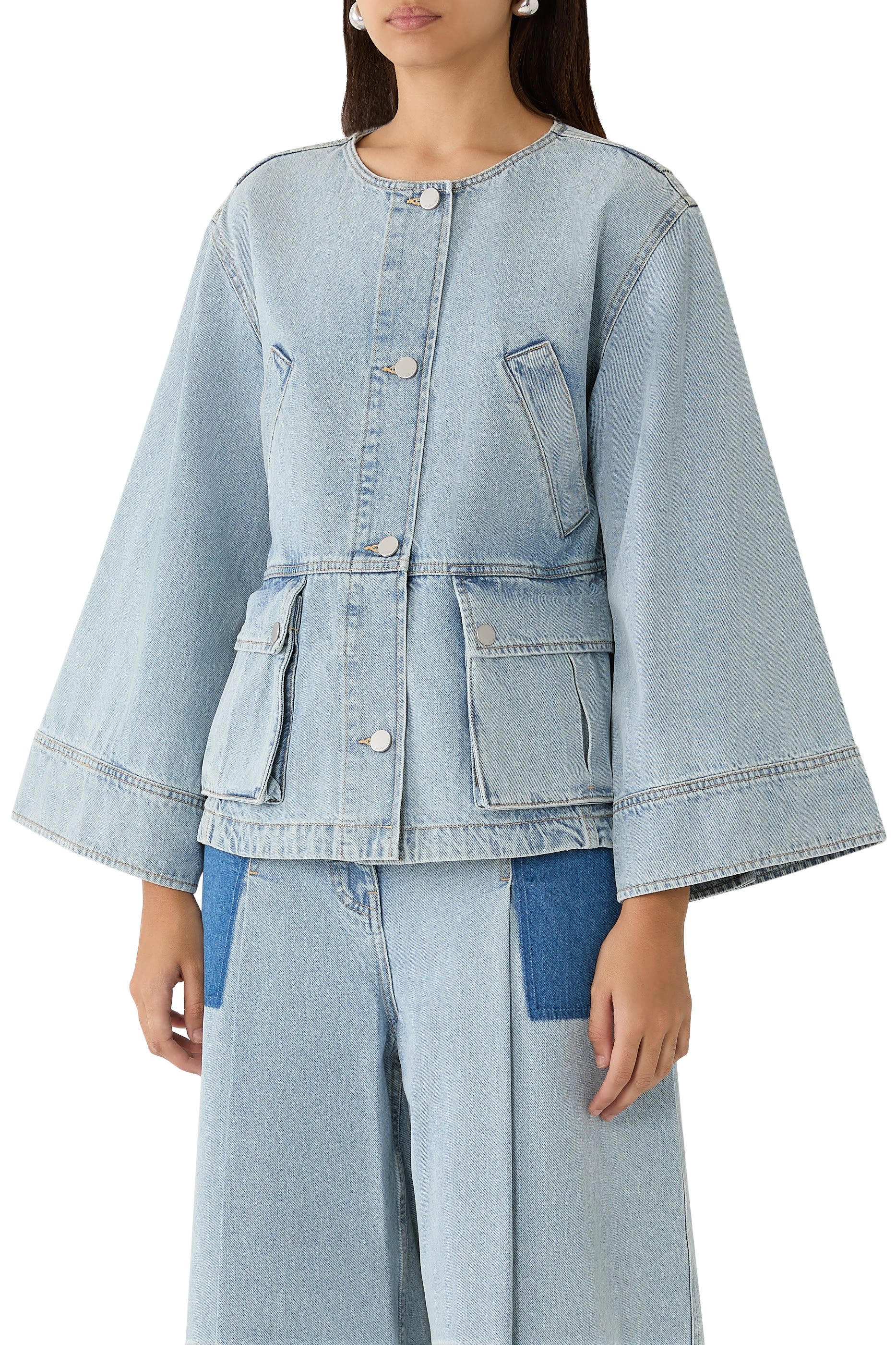 Collarless Trapeze Denim Jacket