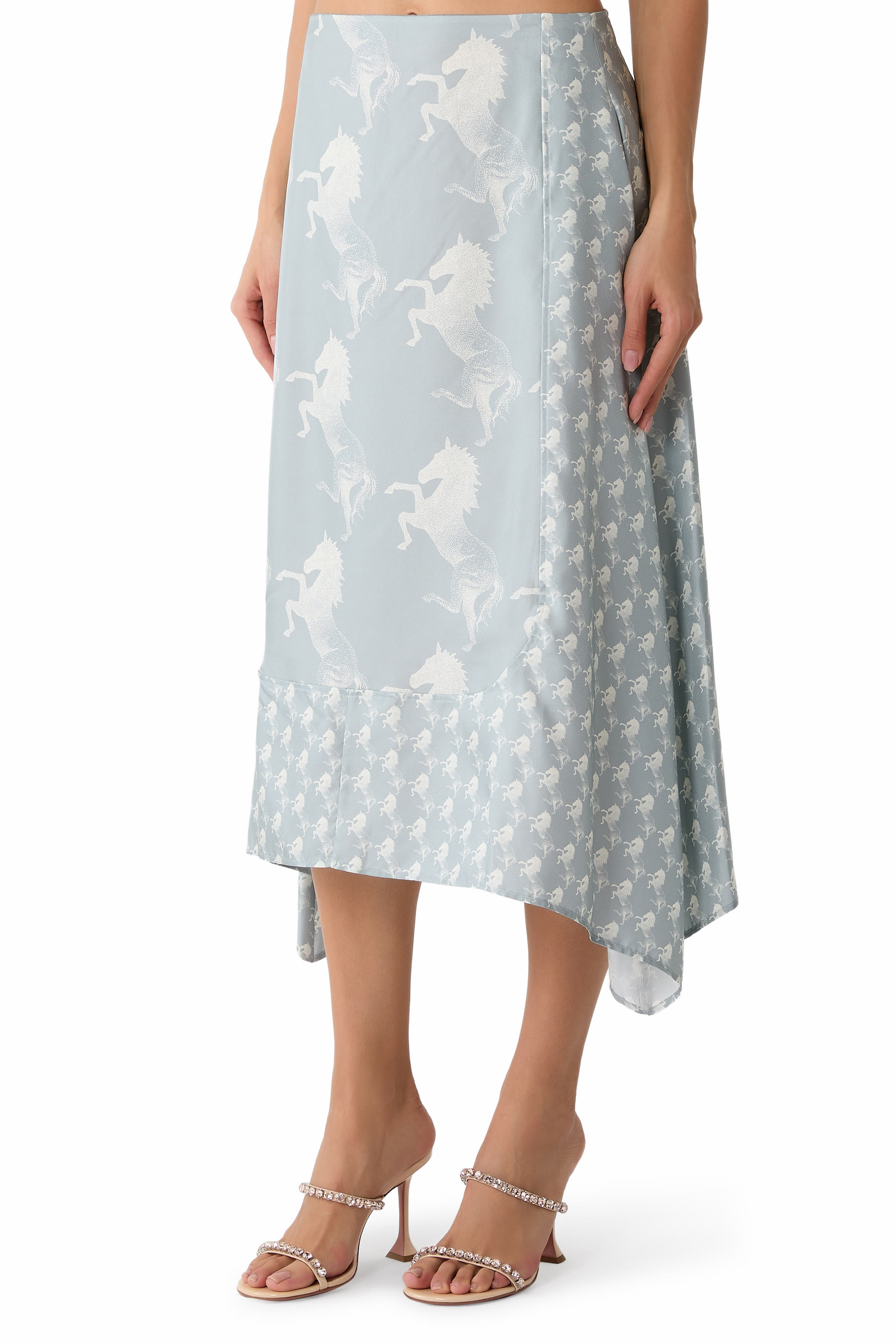 Horse Print Silk Midi Skirt 