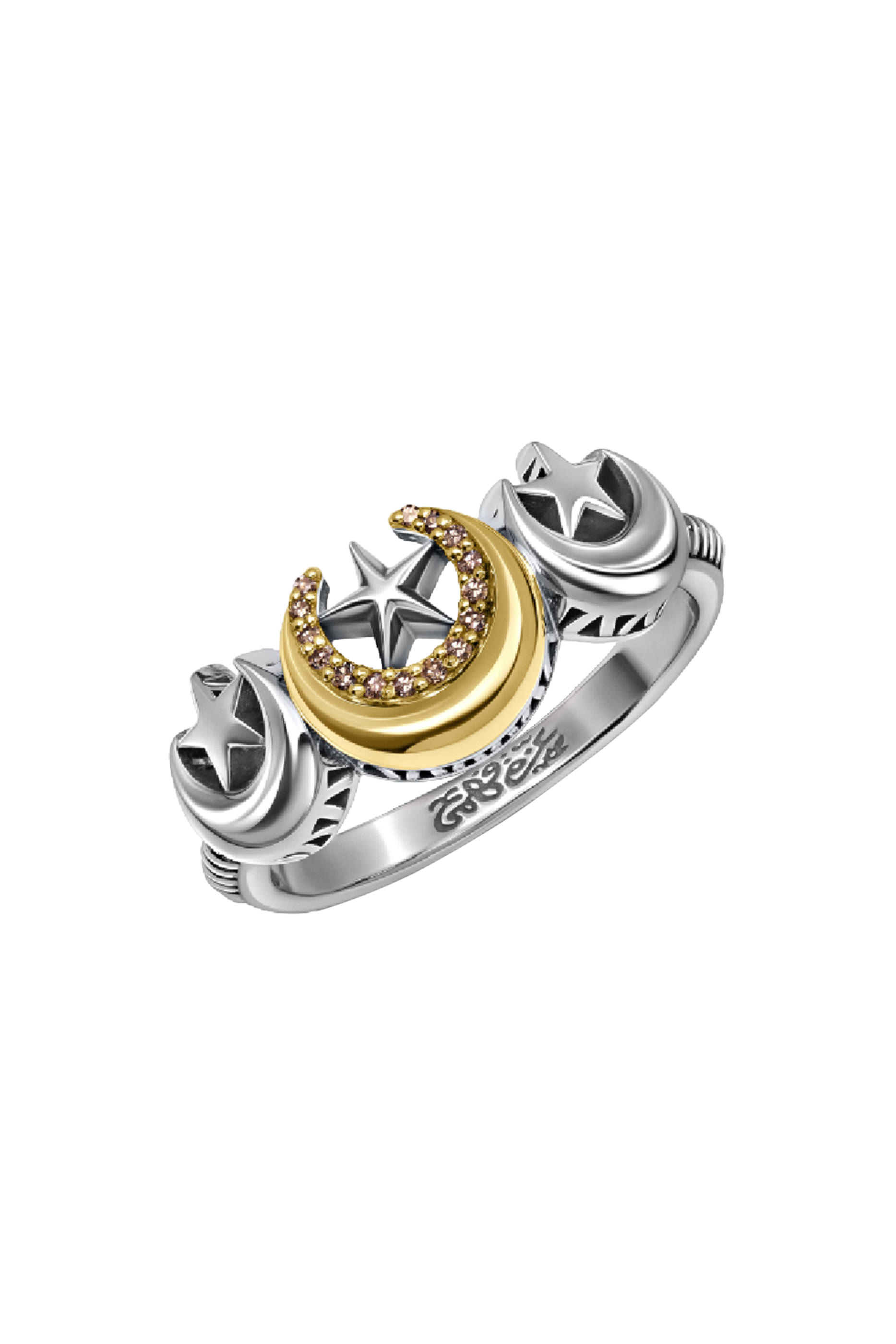 Three Star & Crescent Ring, 18K Gold and Sterling Silver with Champagne Diamonds