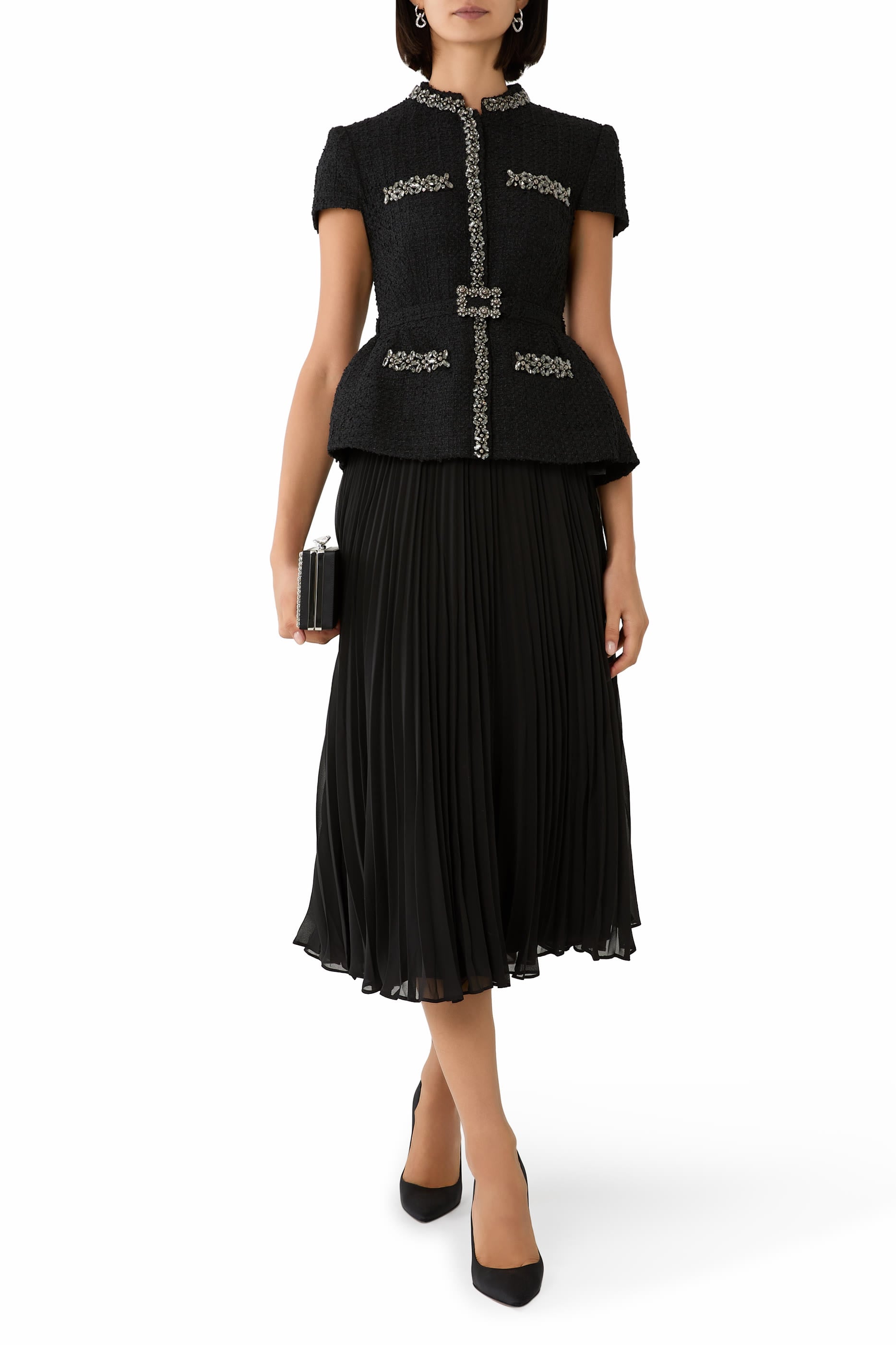 Boucle Crystal Trim Chiffon Midi Dress