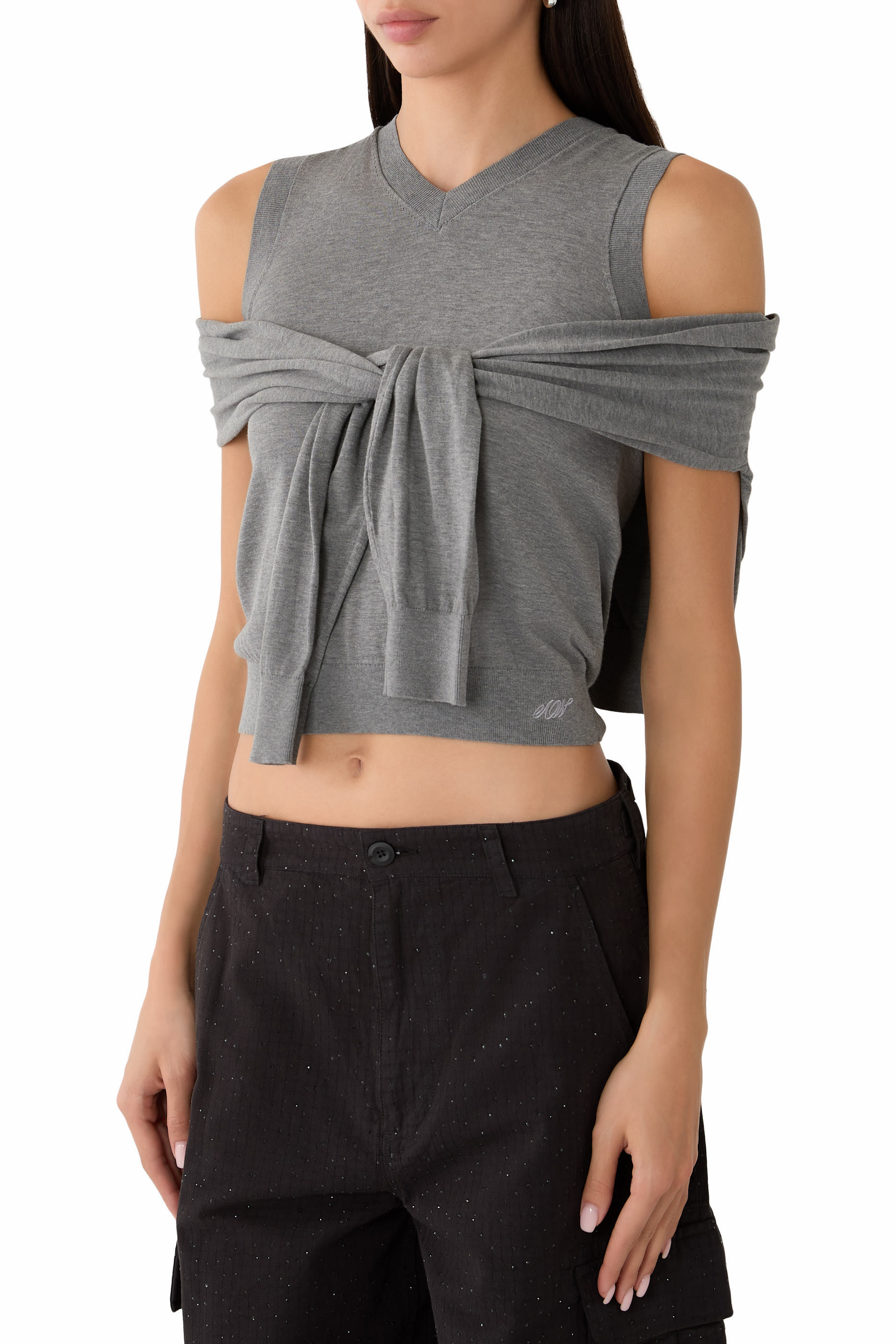 Tie-Front Cardigan Detail Layered V-Neck Vest