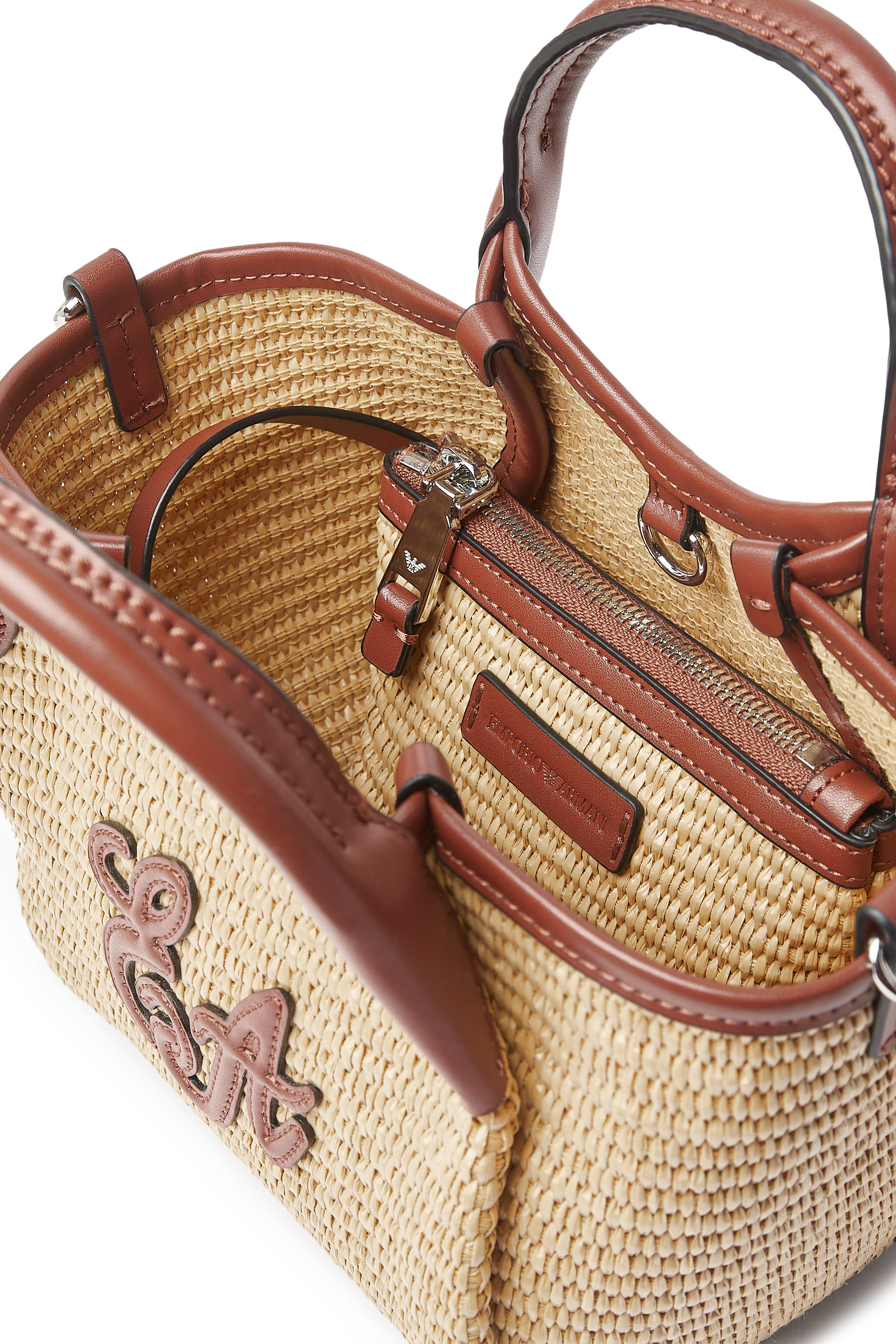 EA Logo Woven Straw Small Shopper Bag