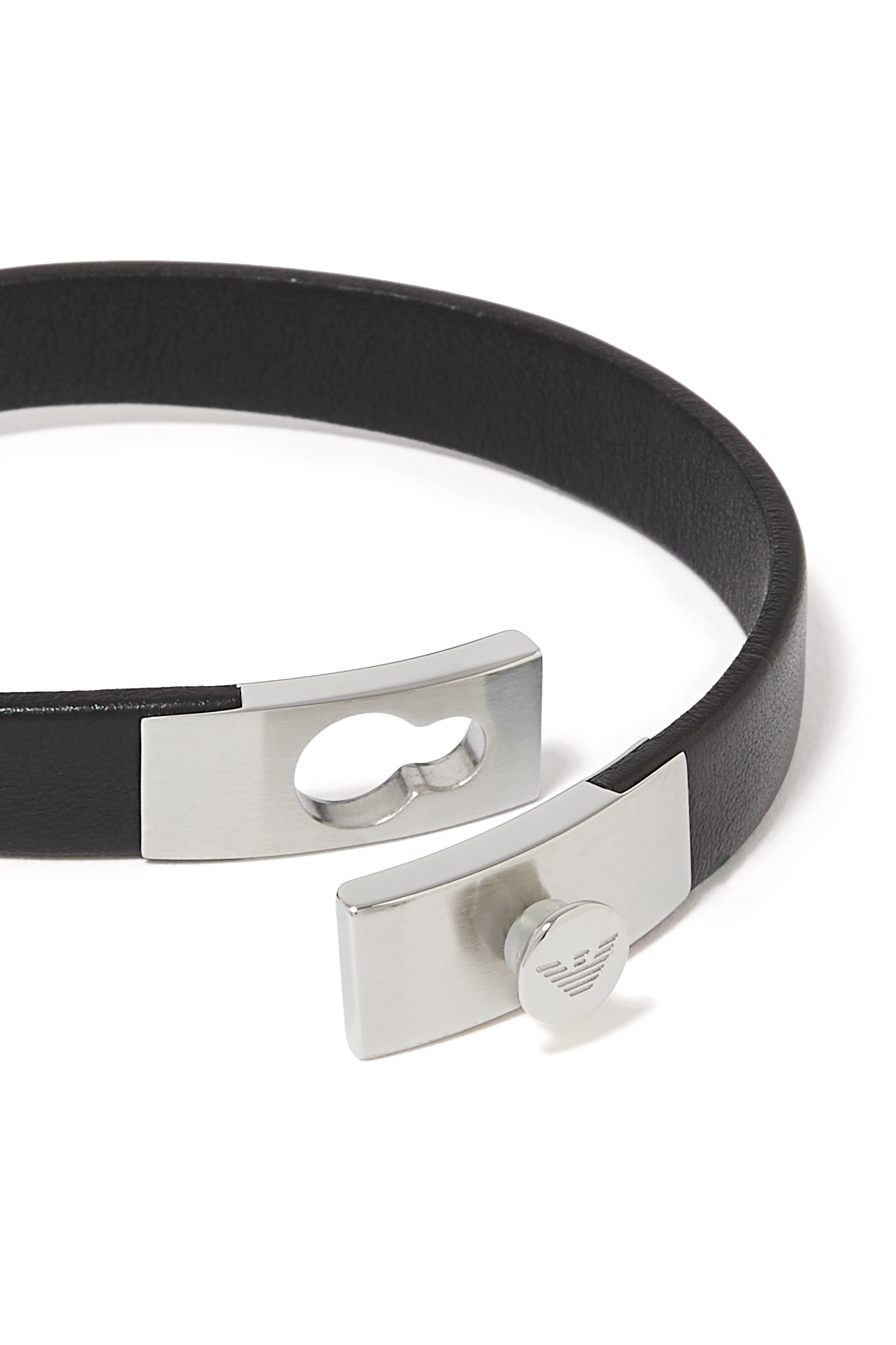 Stainless Steel and Black Leather Strap Bracelet