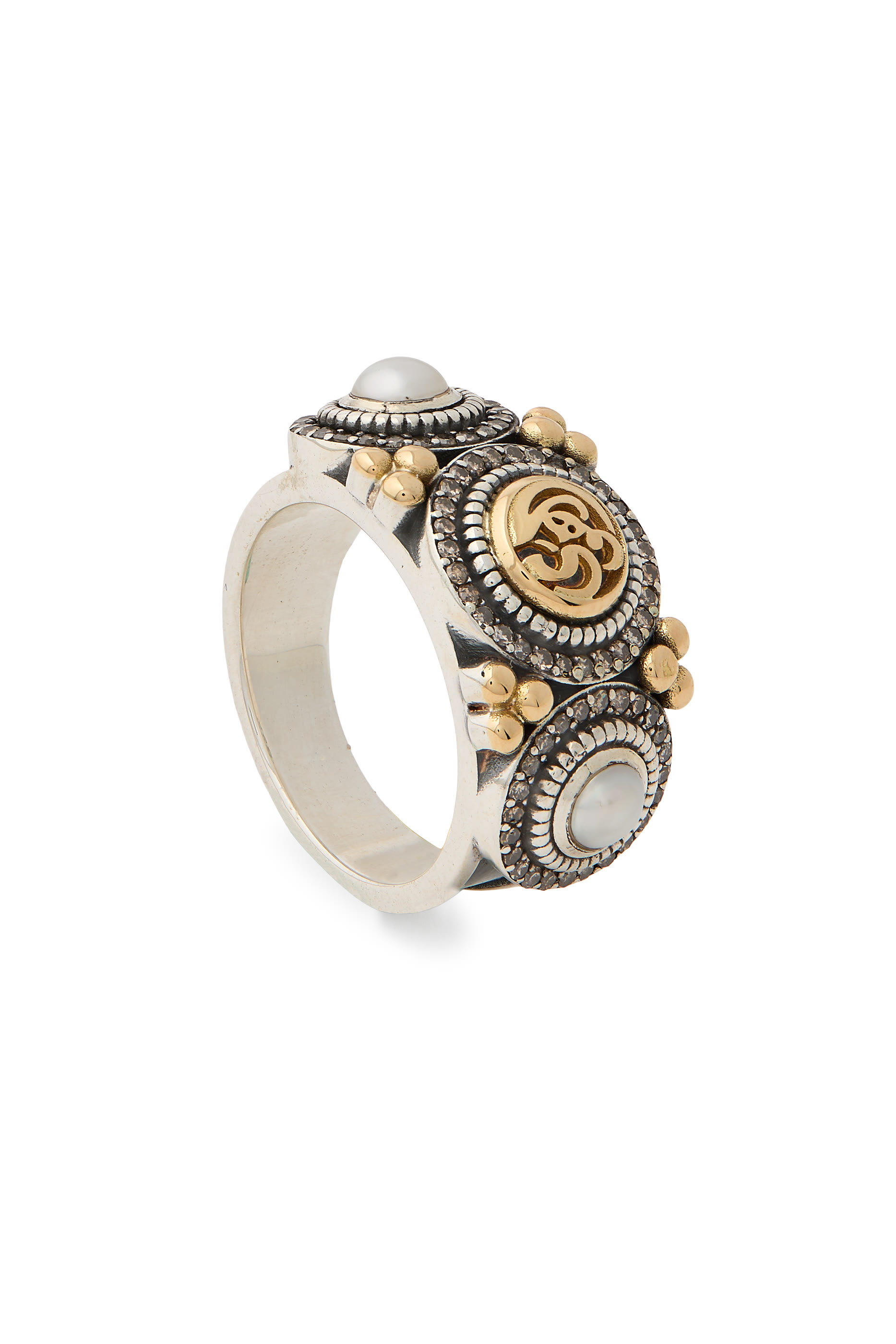 Love Tribal Ring, 18K Gold and Sterling Silver, Champagne Diamonds & Pearls