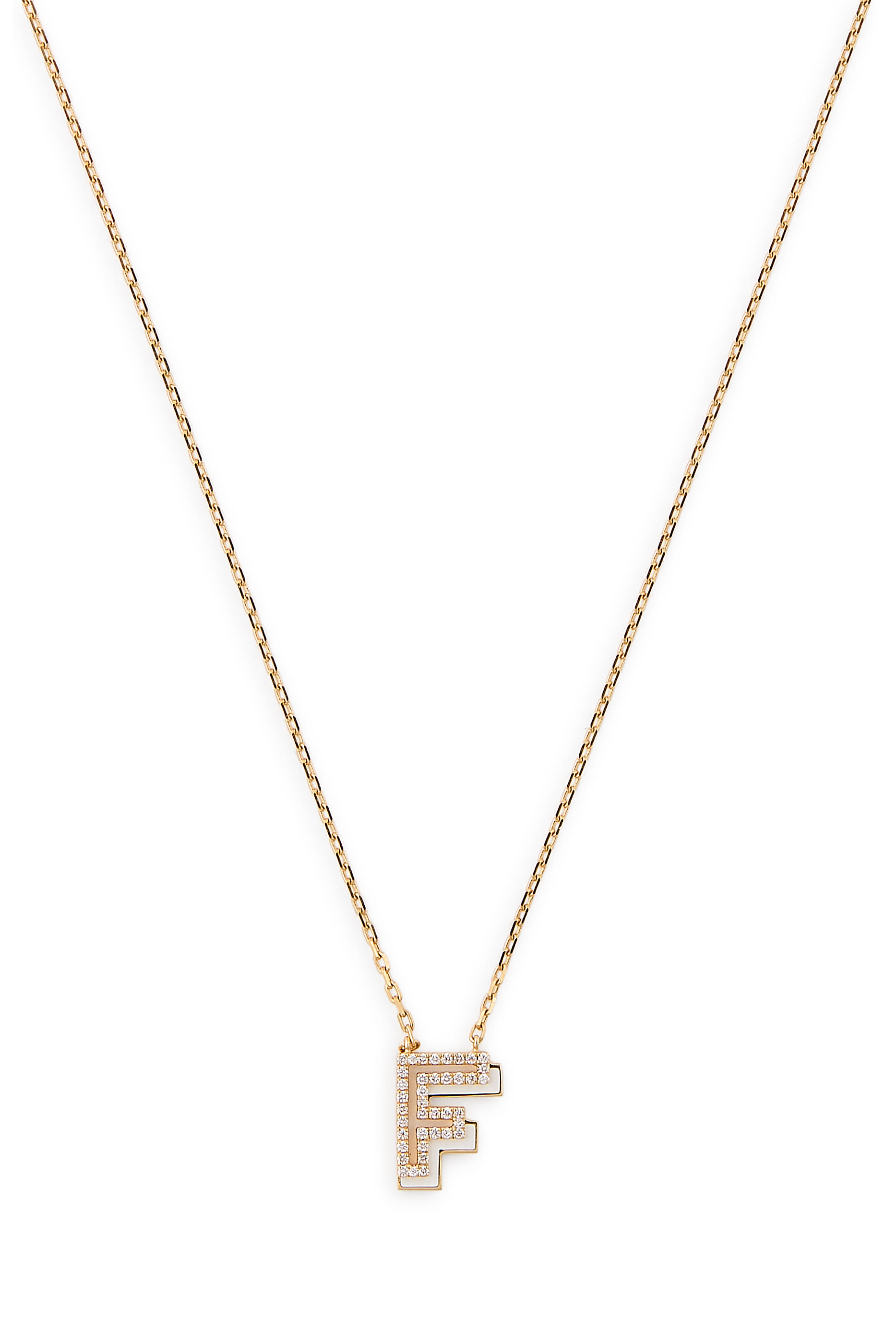 Letter F Silhouette Necklace, 18k Yellow Gold with Diamonds & Enamel