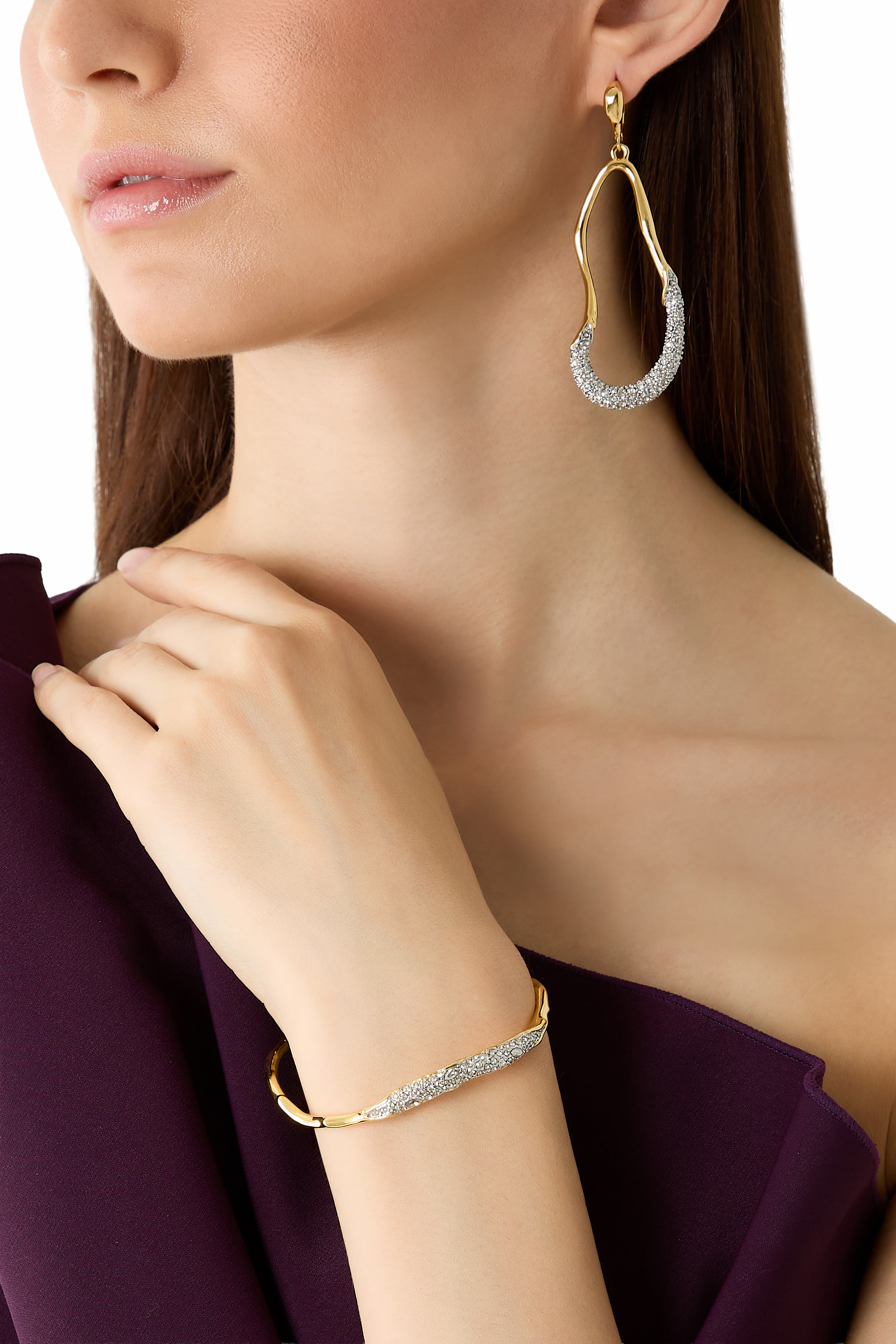 Solanales Skinny Bangle Bracelet, 14K Gold-Plated Brass, Rhodium-tone Plated Brass & Crystal