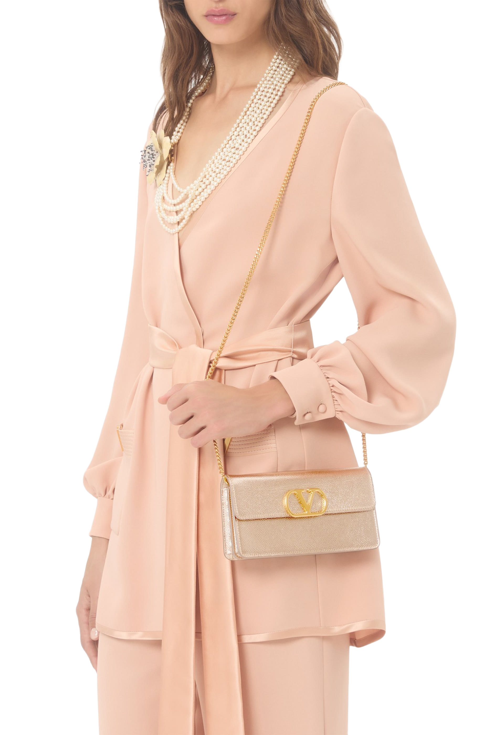 Vlogo Signature Metallic Grainy Calfskin Wallet With Chain