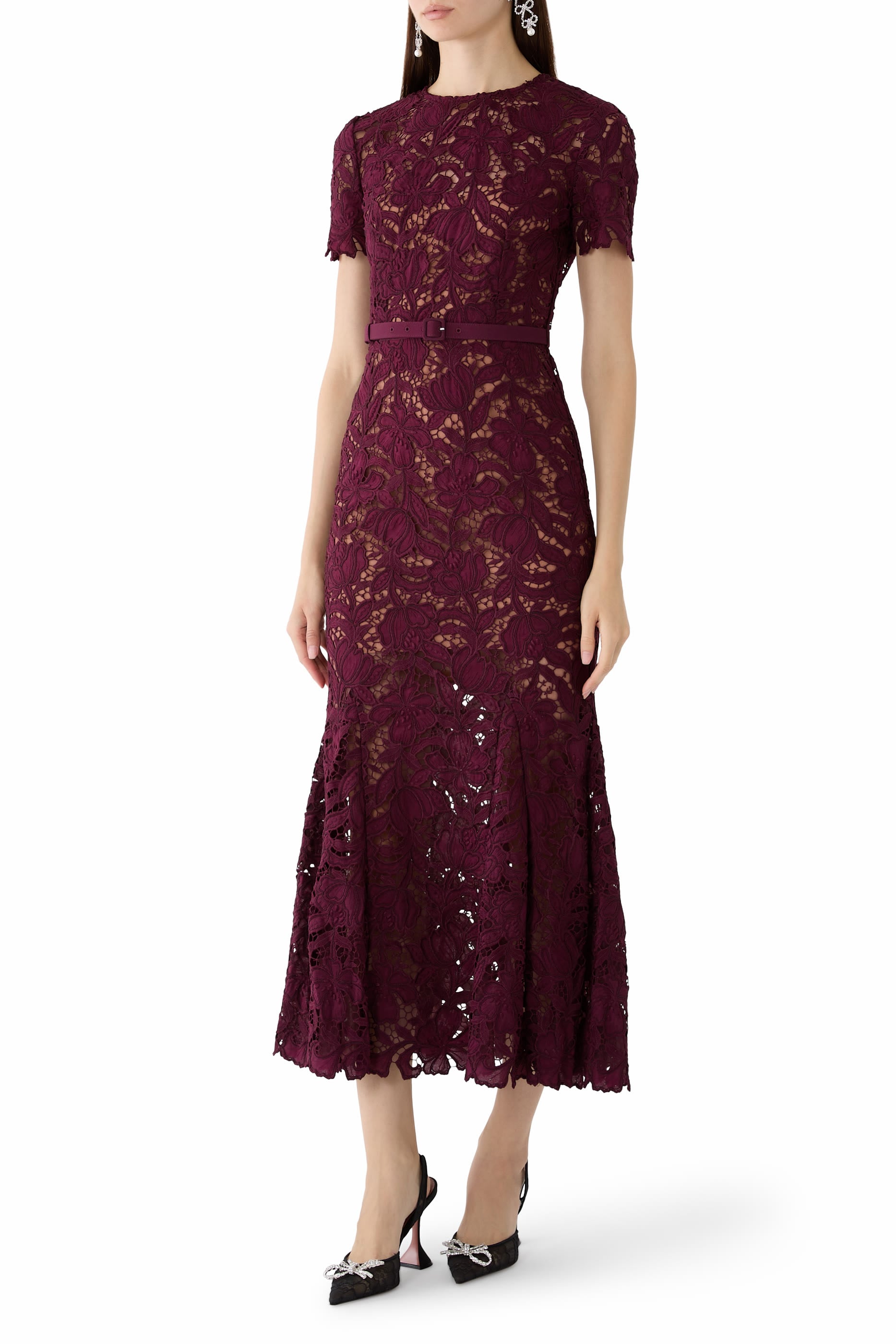 Belted Lace Midi Dress