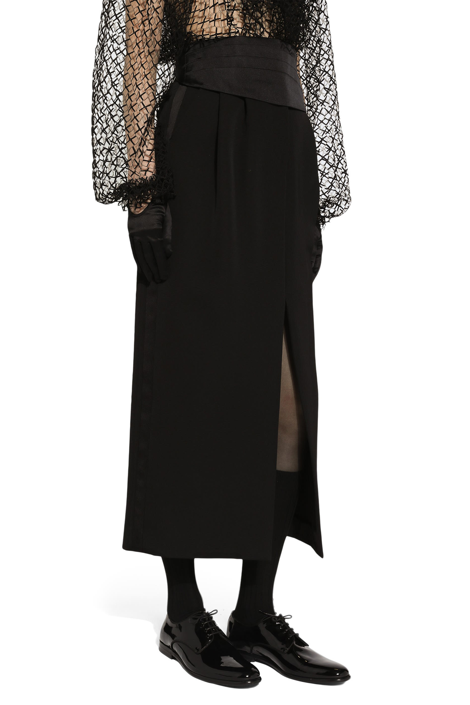 Wool Gabardine Calf-Length Tuxedo Pencil Skirt