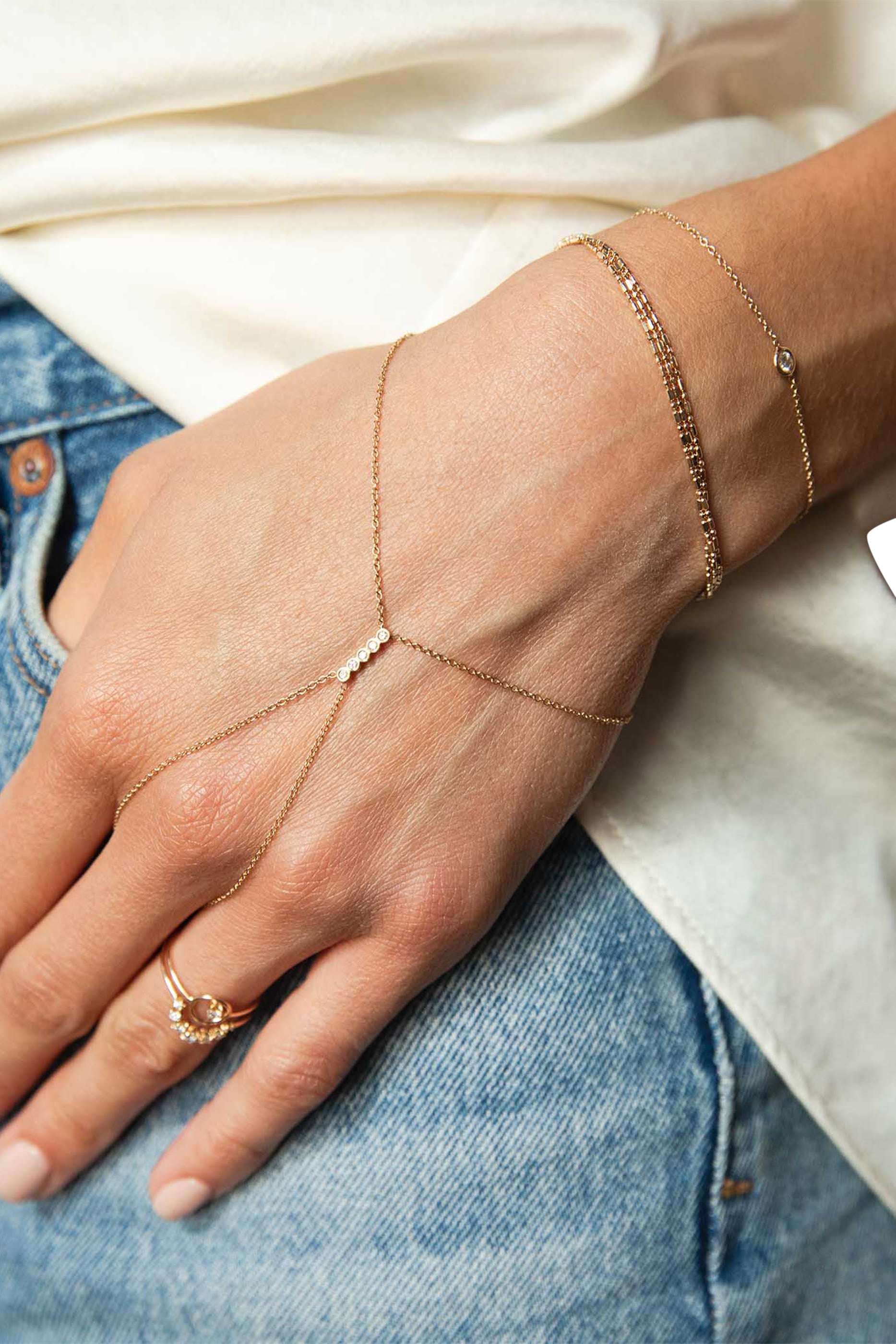  Bar Hand Chain, 14K Yellow Gold with Diamonds