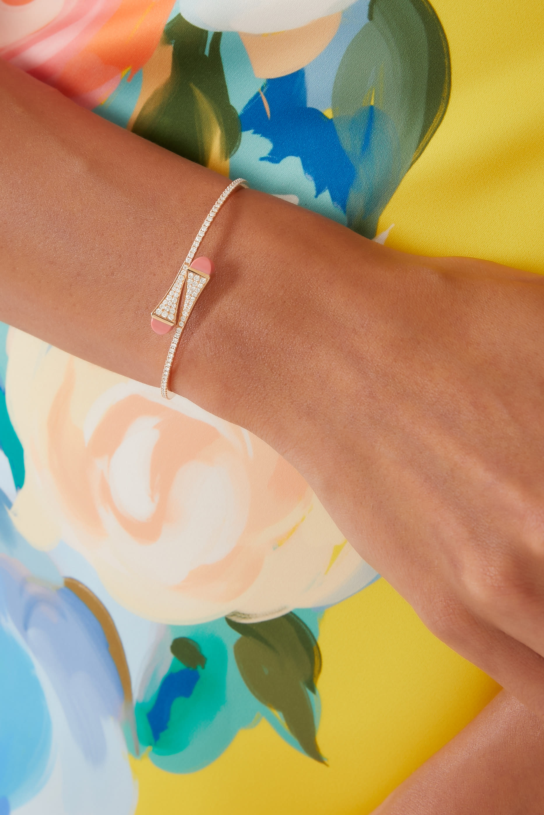 Cleo Midi Bangle, 18k Pink Gold with Coral & Diamonds