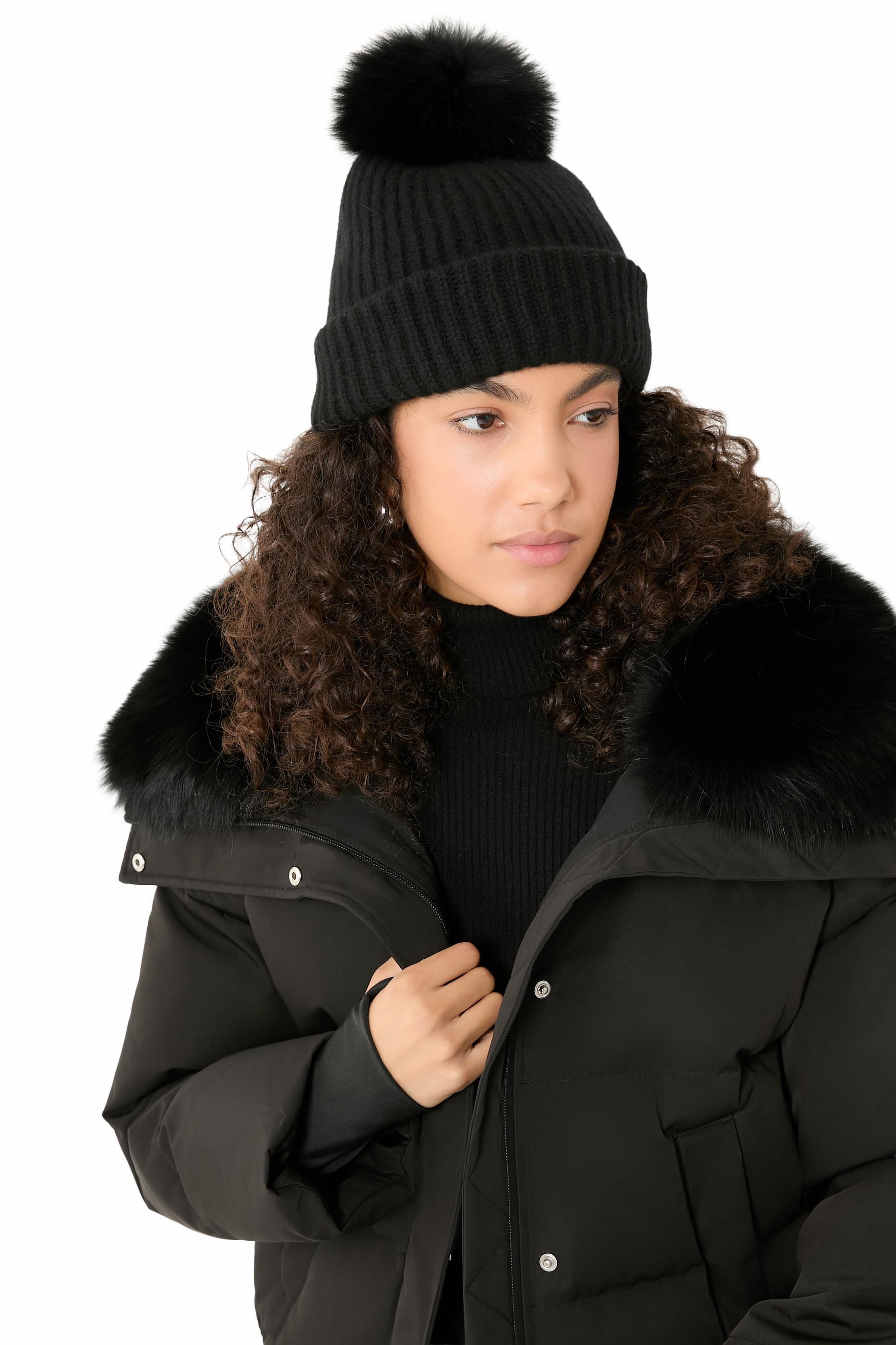 Cashmere Knit Beanie with Fox Fur Pompom