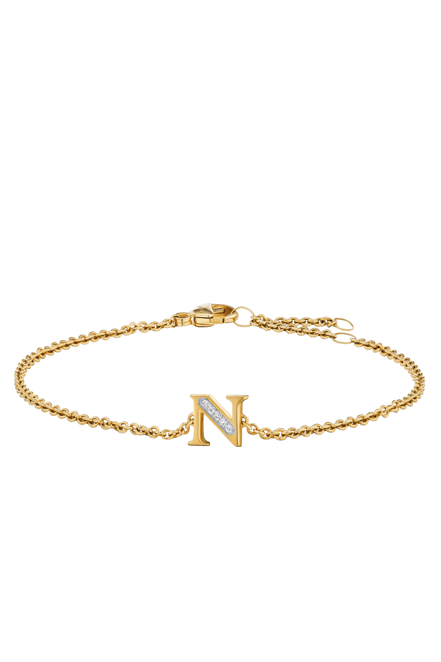 Petite Pavé N Initial Chain Bracelet, 18K Yellow Gold & Diamonds