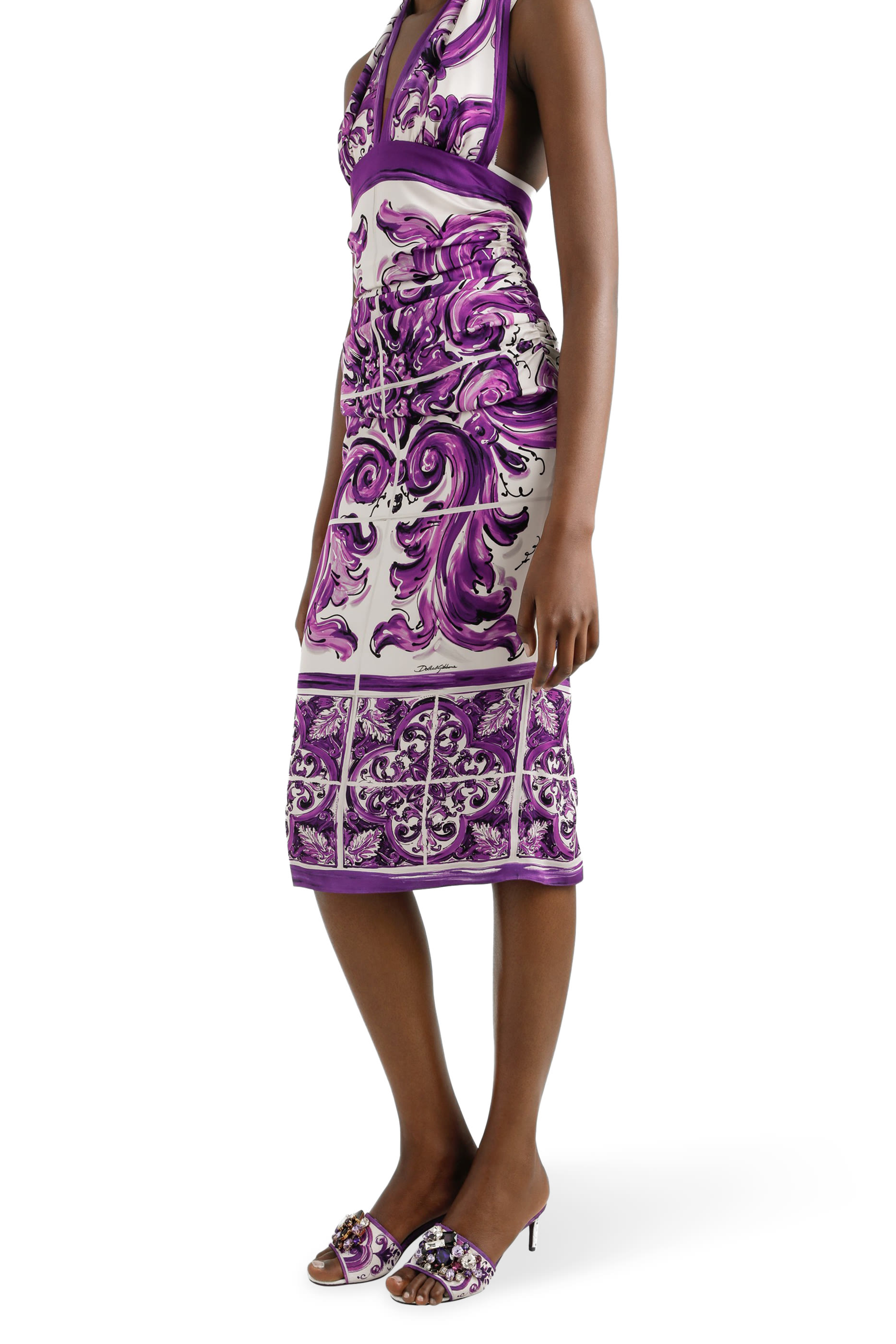 Majolica-Print Charmeuse Dress 
