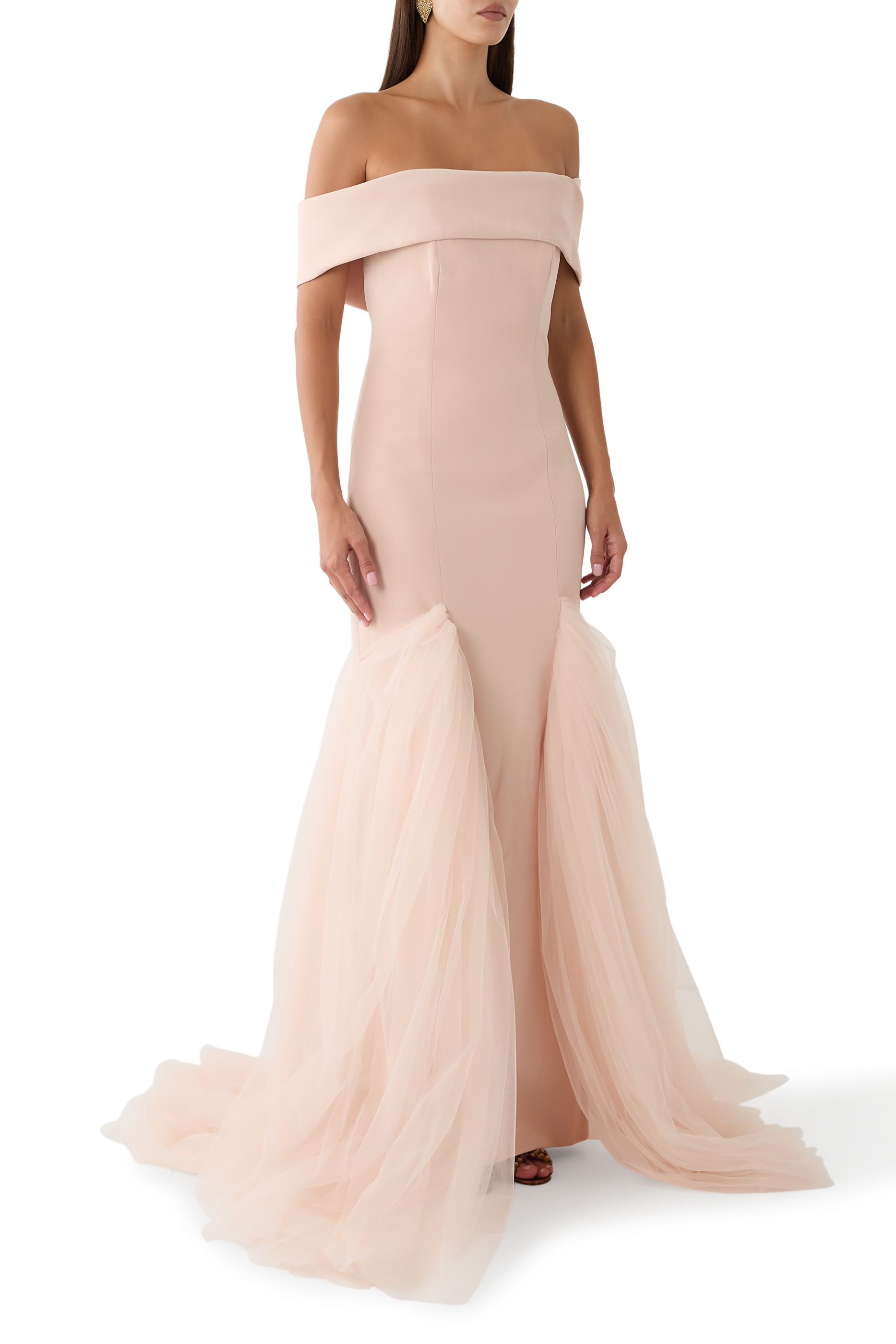 Off-Shoulder Crepe Gown with Tulle Trumpet Skirt