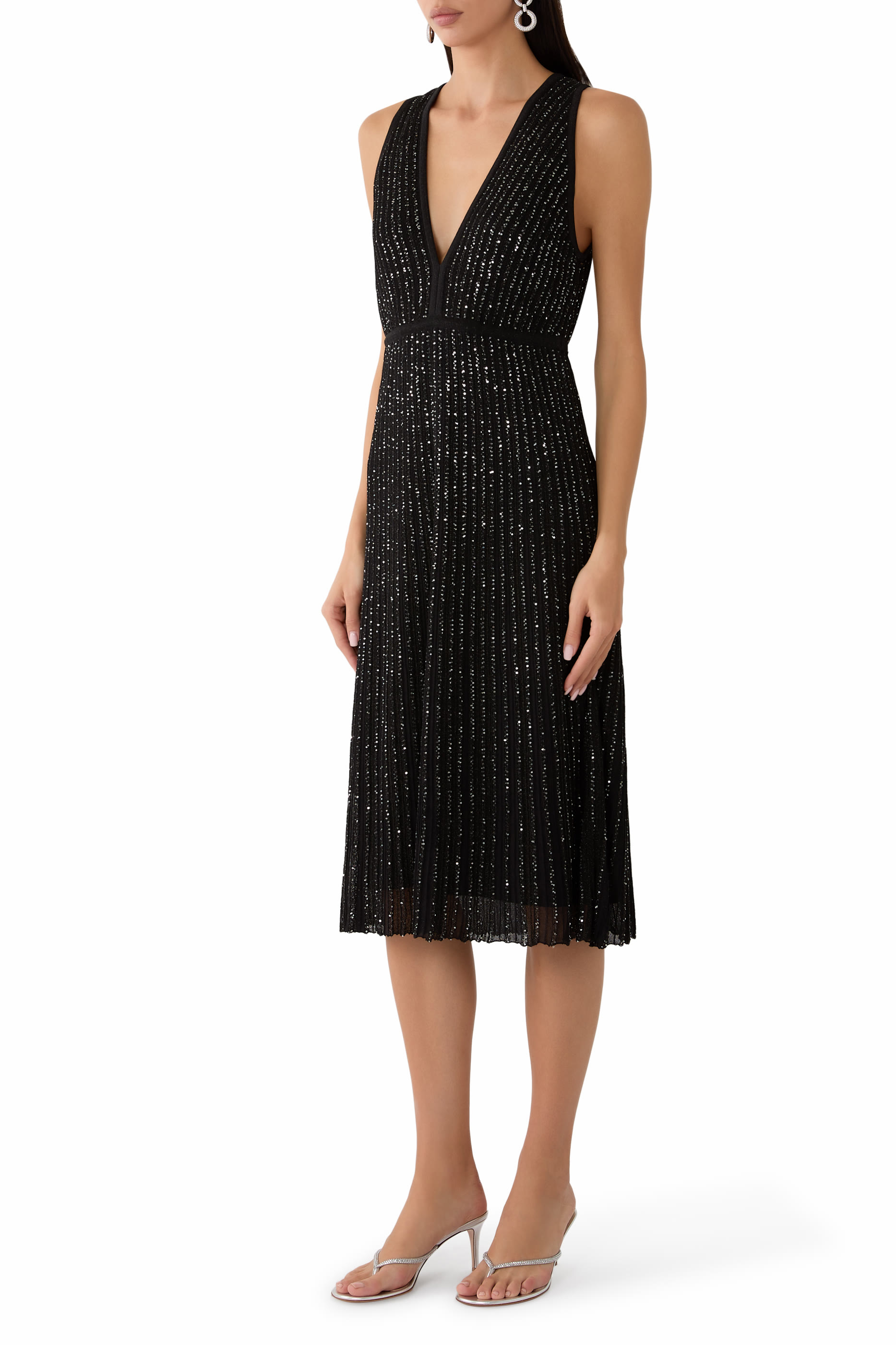 Partialized Knit Sequin Embellished Midi Dress 