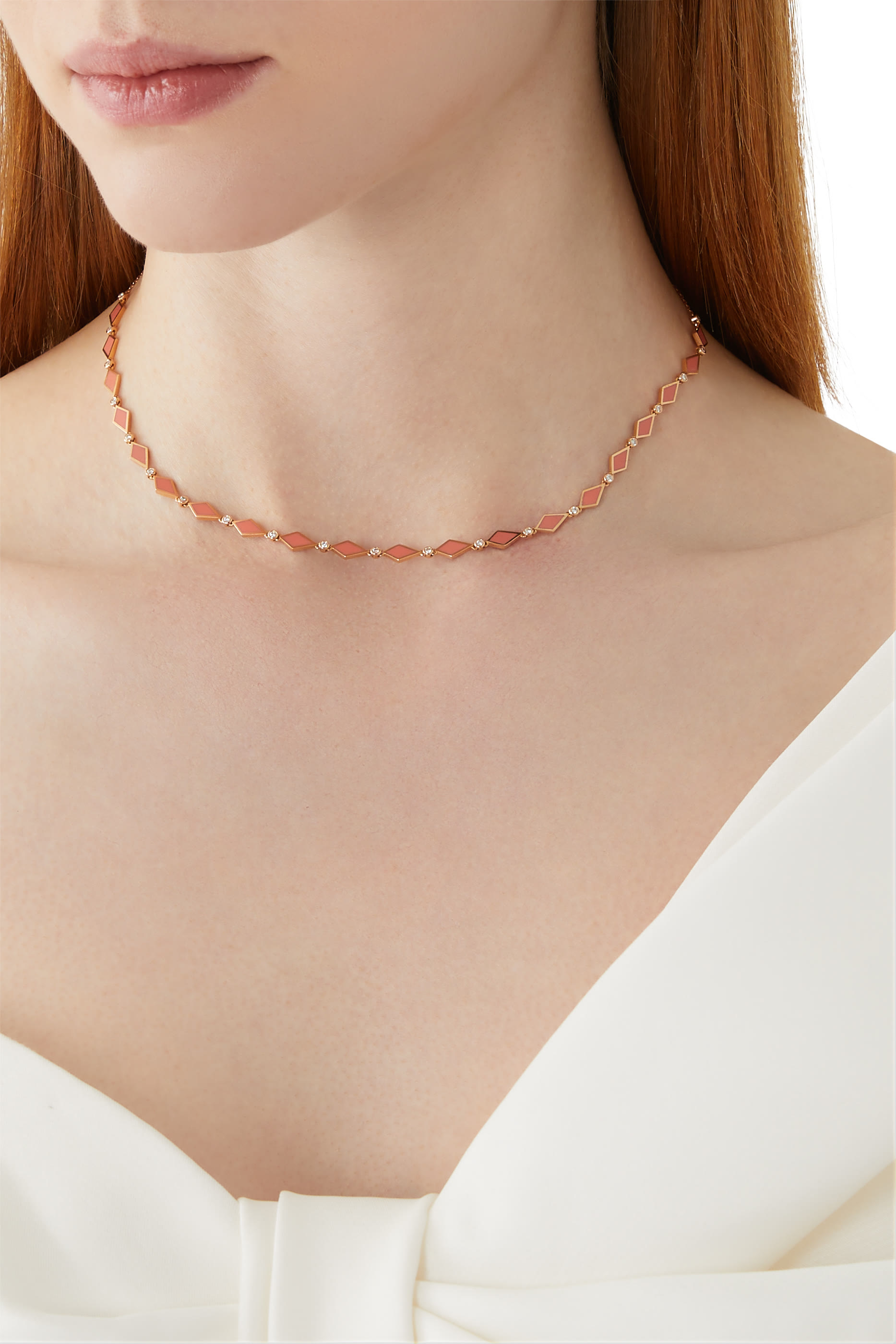 Mosaic Necklace, 18k Rose Gold with Red Enamel & Diamonds