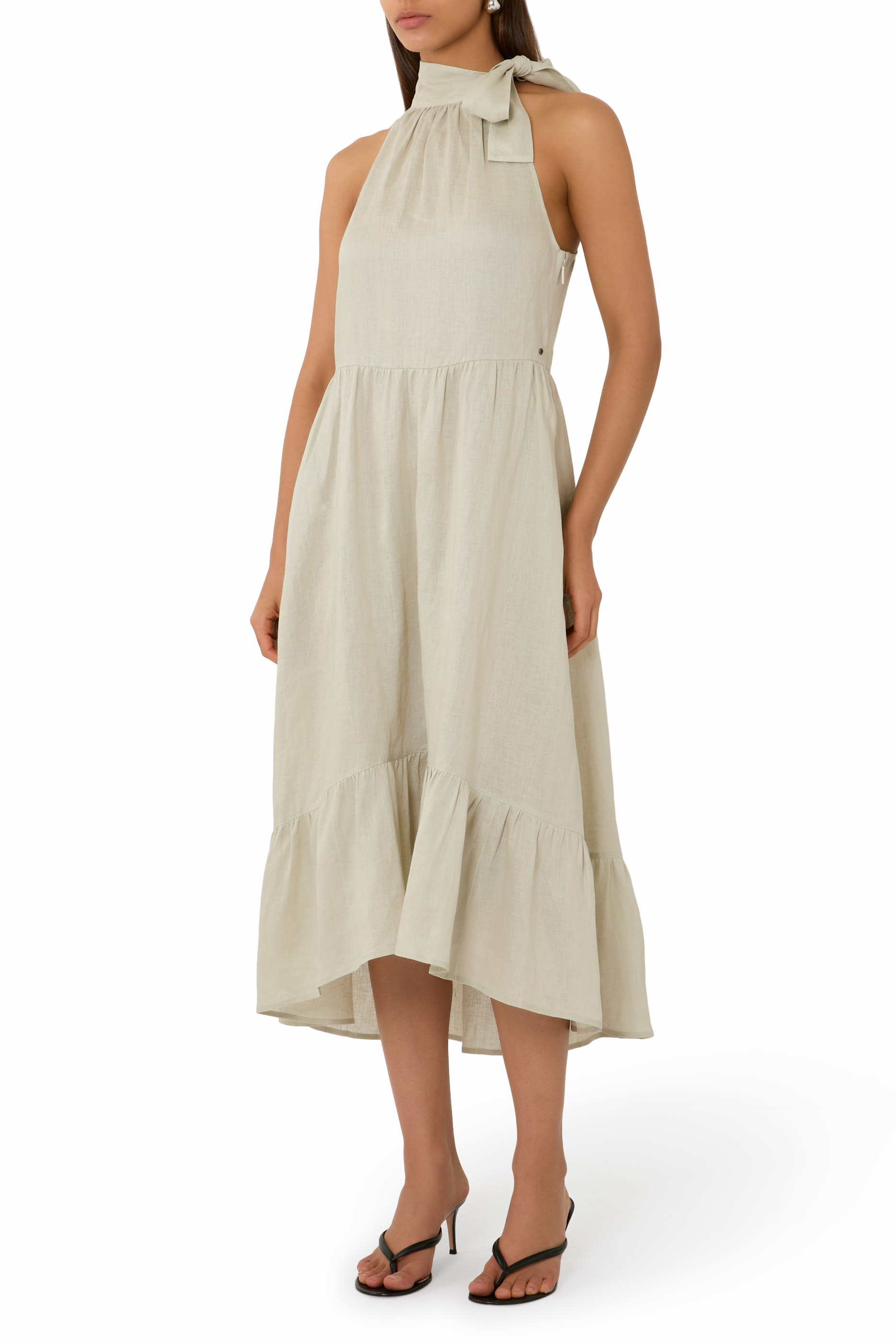 Linen Popeline Bow Neck Sleeveless Dress