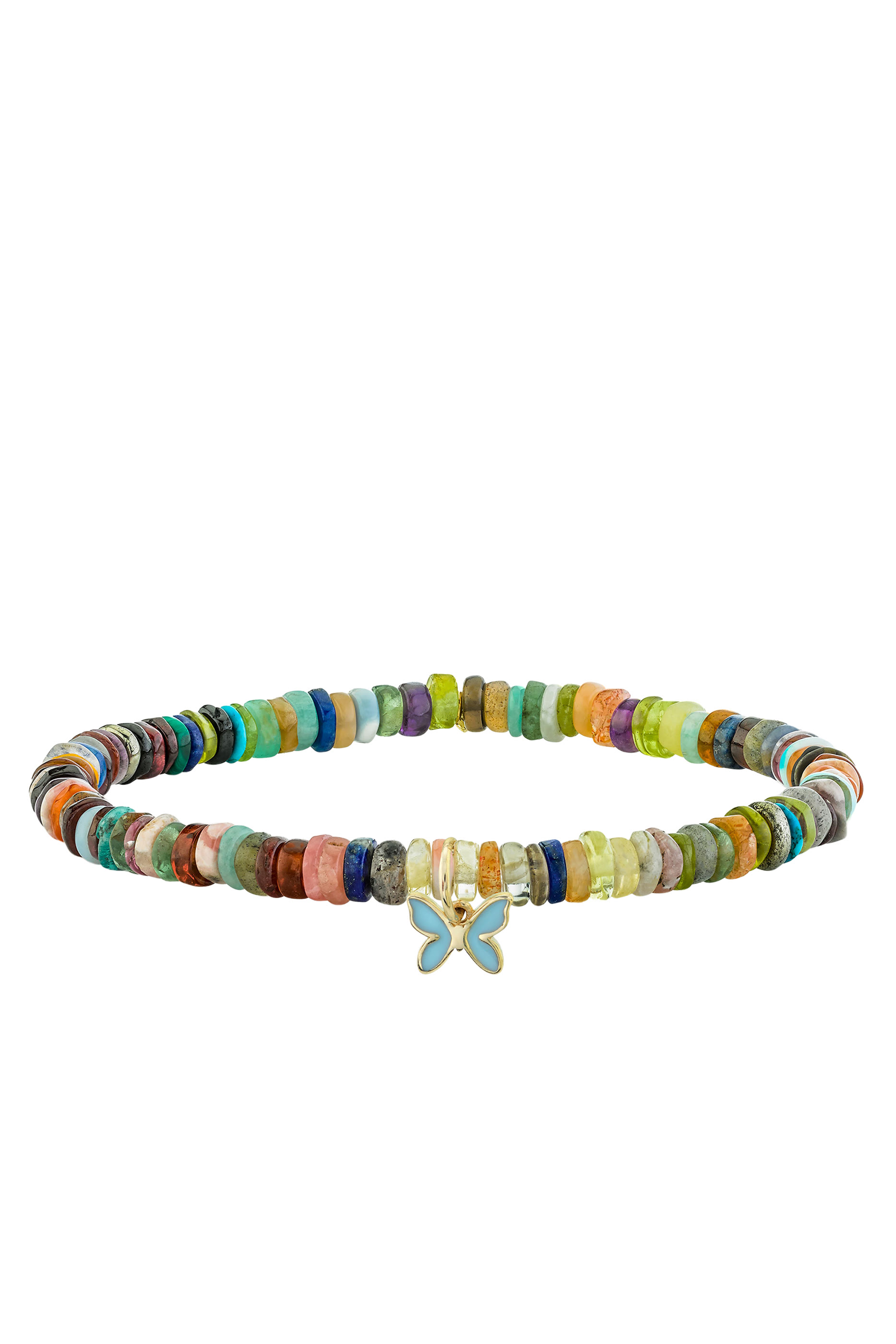 Tiny Butterfly Bracelet, 14k Yellow Gold & Enamel, Heishi Beads