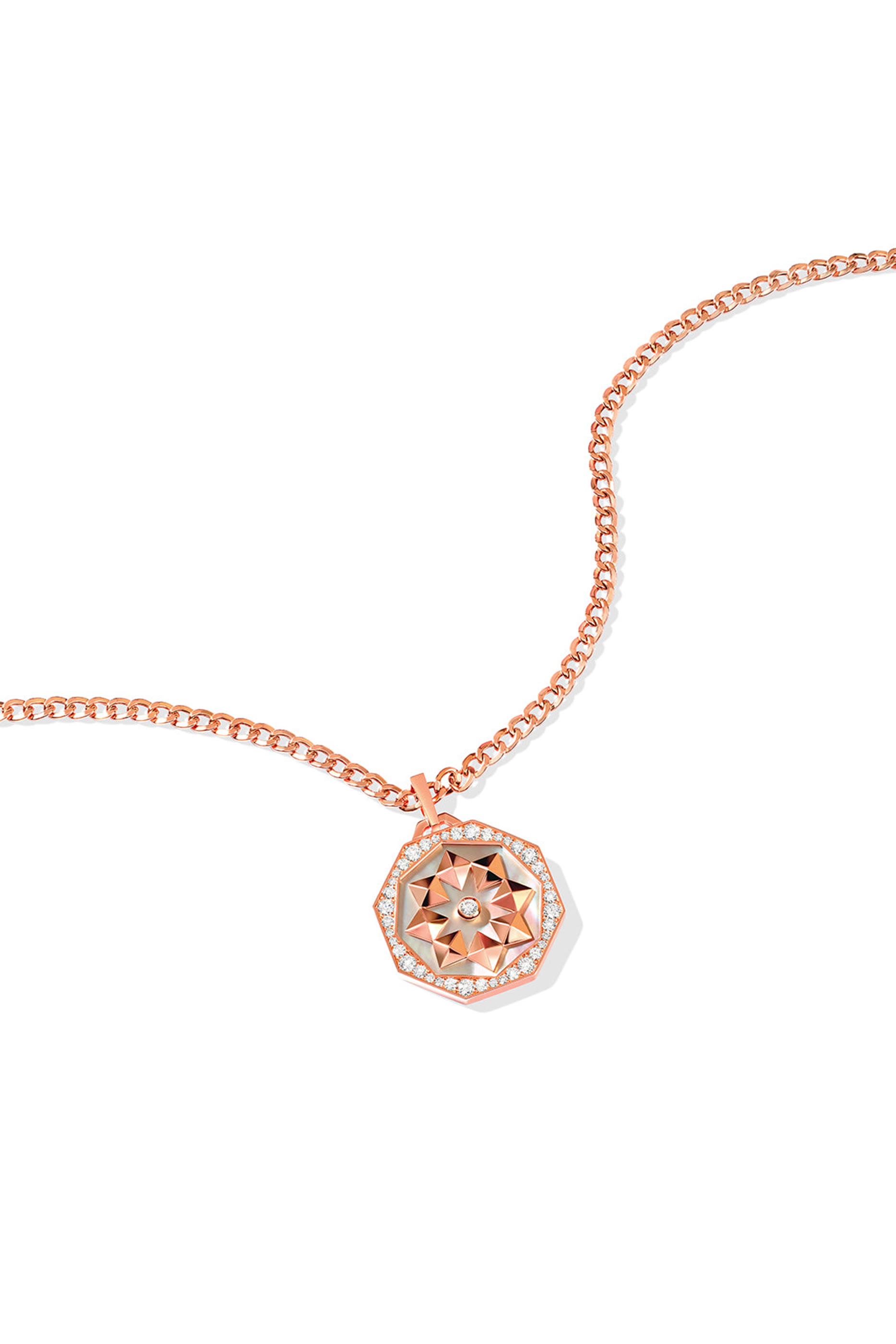Thaman Necklace, 8K Rose Gold with Diamonds & Mother of Pearl