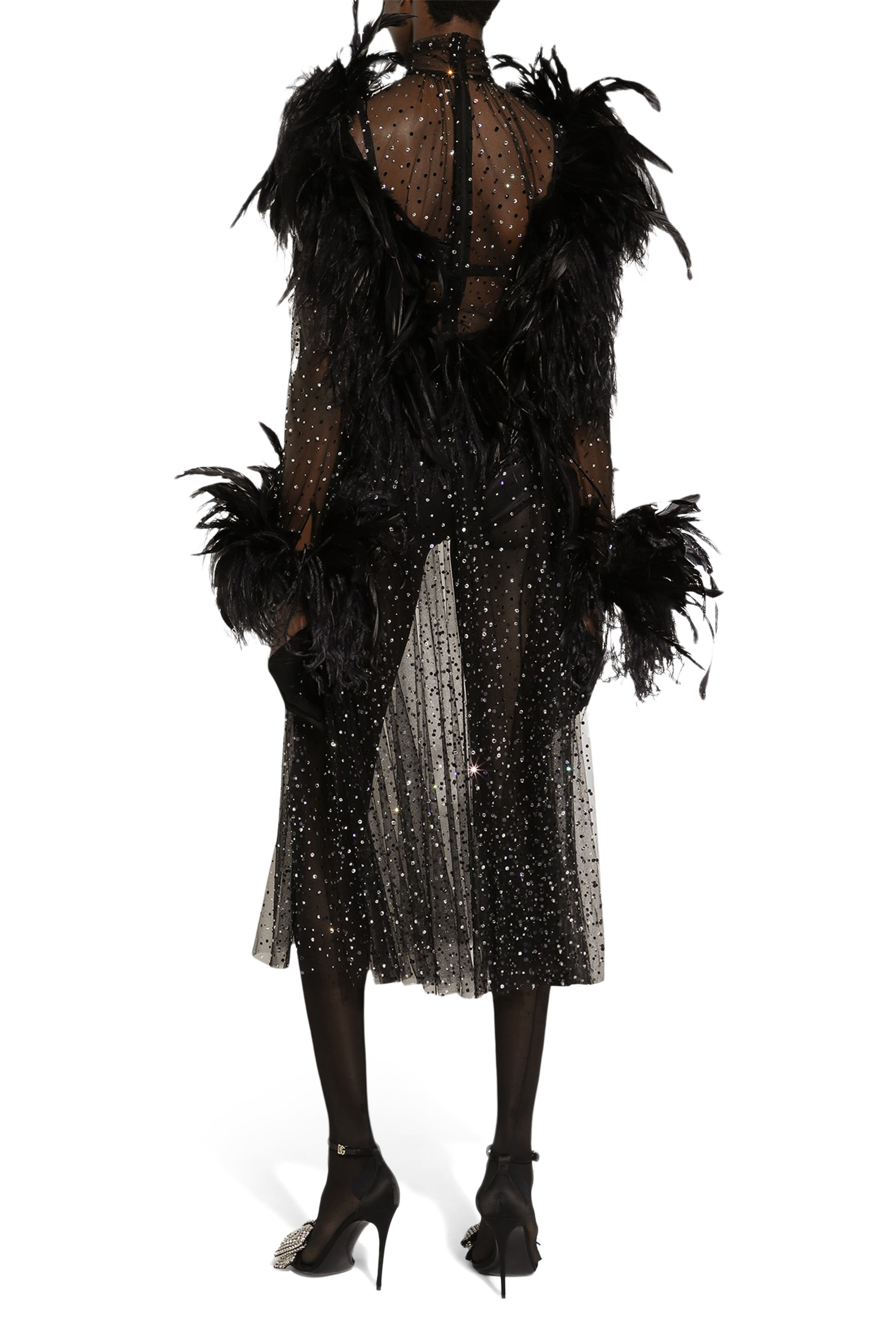 Calf-Length Stretch Tulle Dress with Fusible Rhinestones and Rooster and Ostrich Feather Embellishment