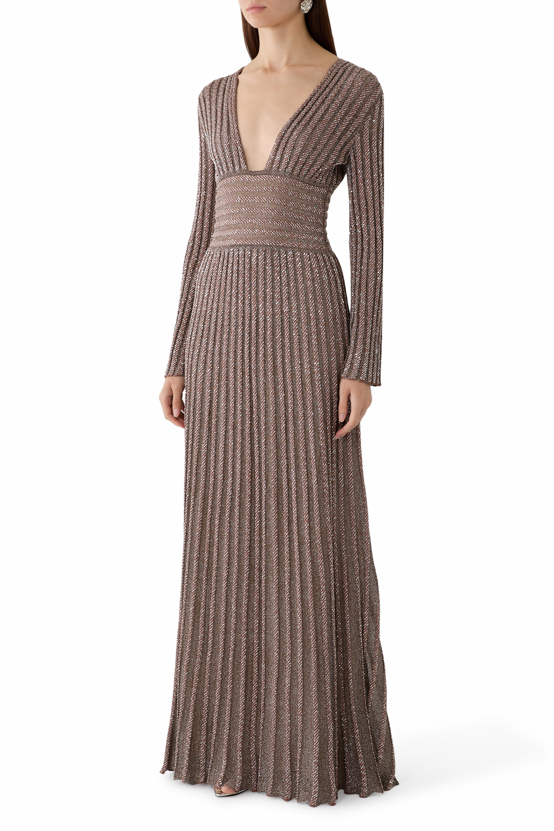  Partialized Long-Sleeve V-Neck Maxi Dress