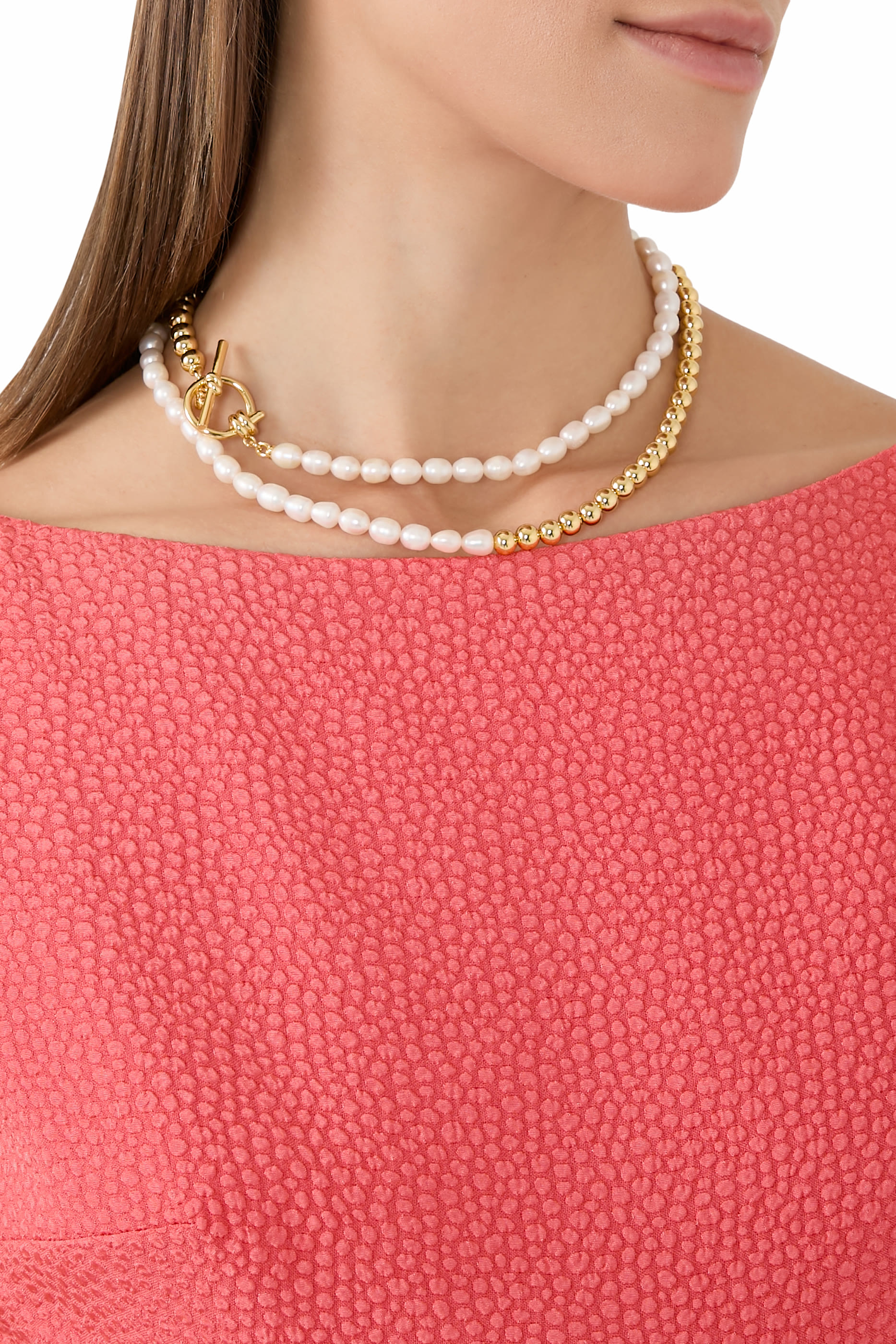 Two-Tone Long Necklace, Pearls & Metal