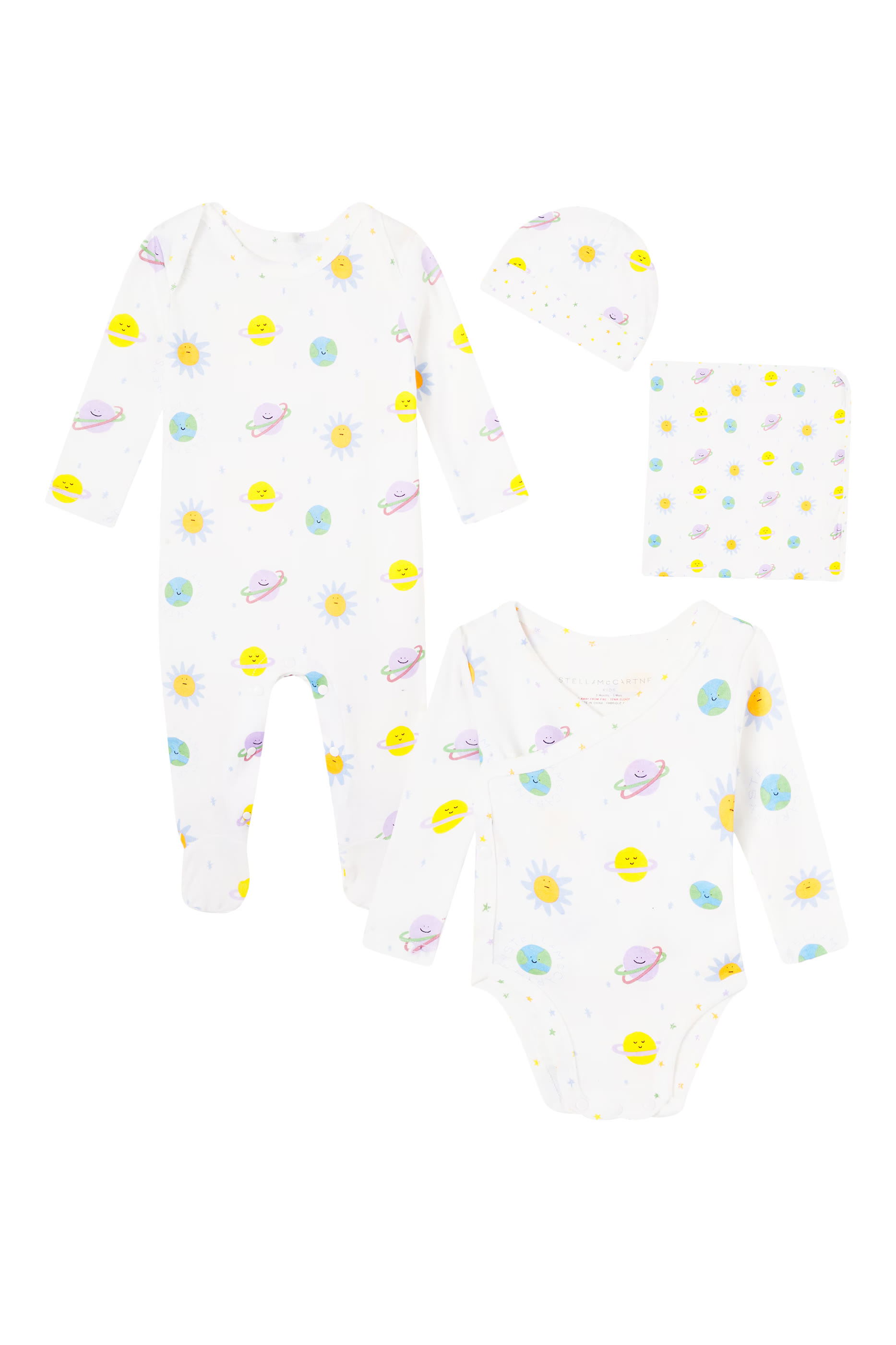 Kids Planets Printed Romper, Hat, and Blanket Set