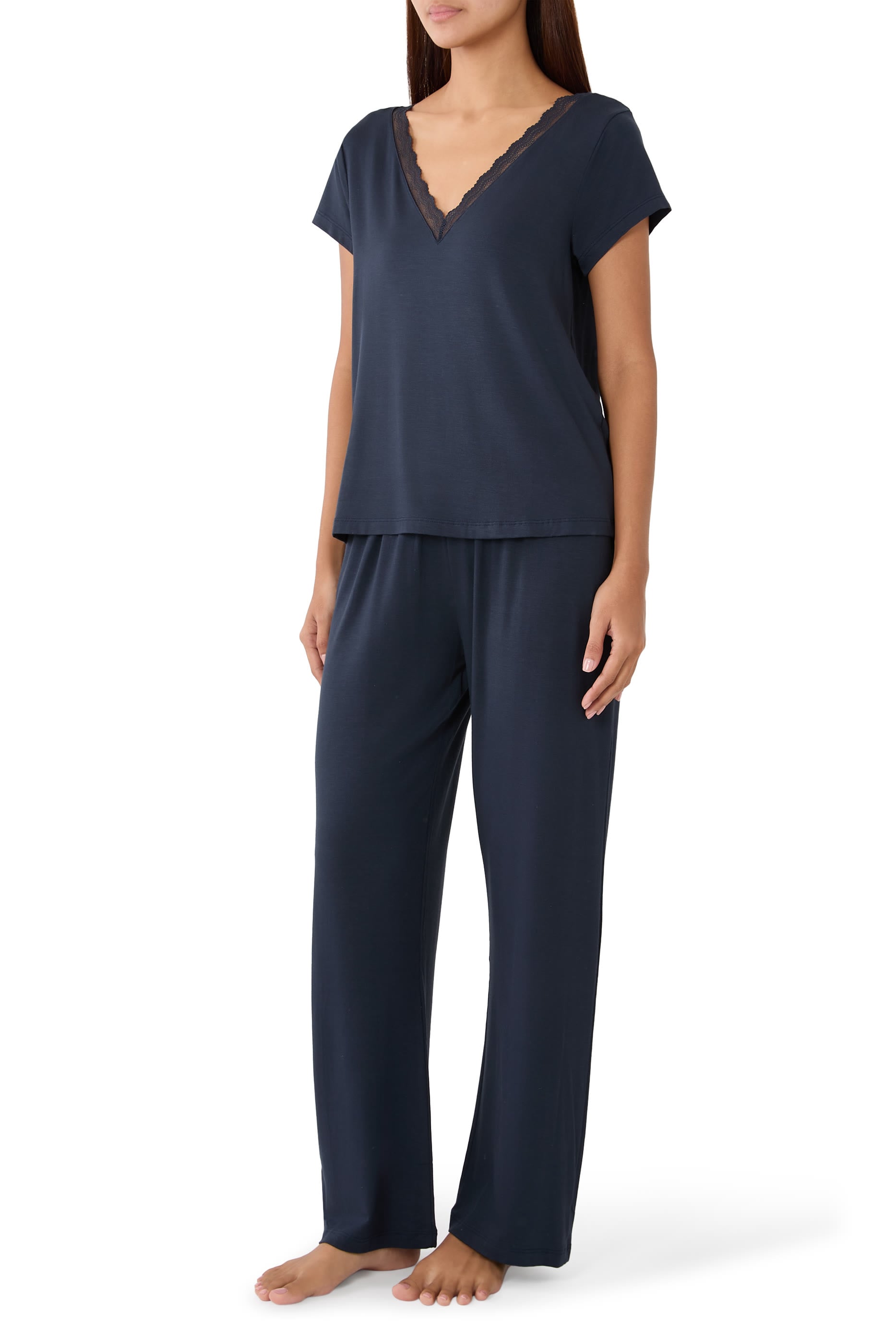 Cooling Jersey V Neck Lace Trim Pajama Set