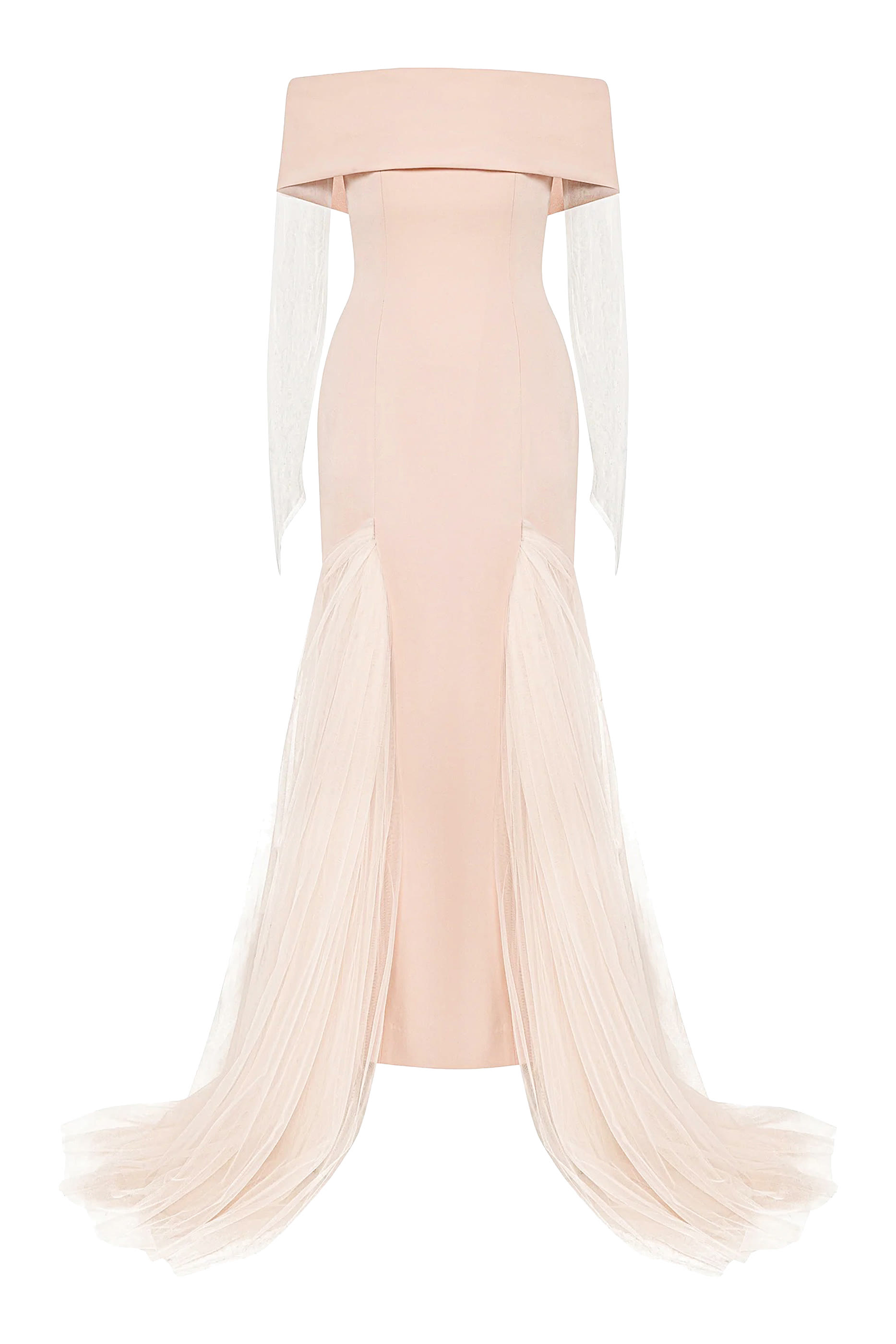 Off-Shoulder Crepe Gown with Tulle Trumpet Skirt