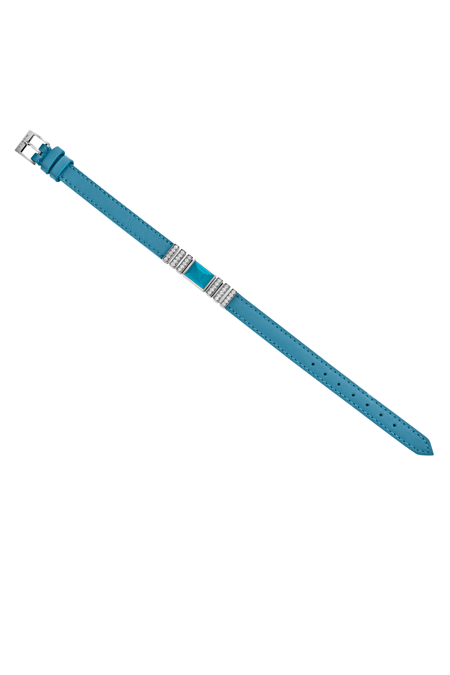 Unii Bracelet, 18k White Gold Turquoise & Diamond with Blue Leather Strap